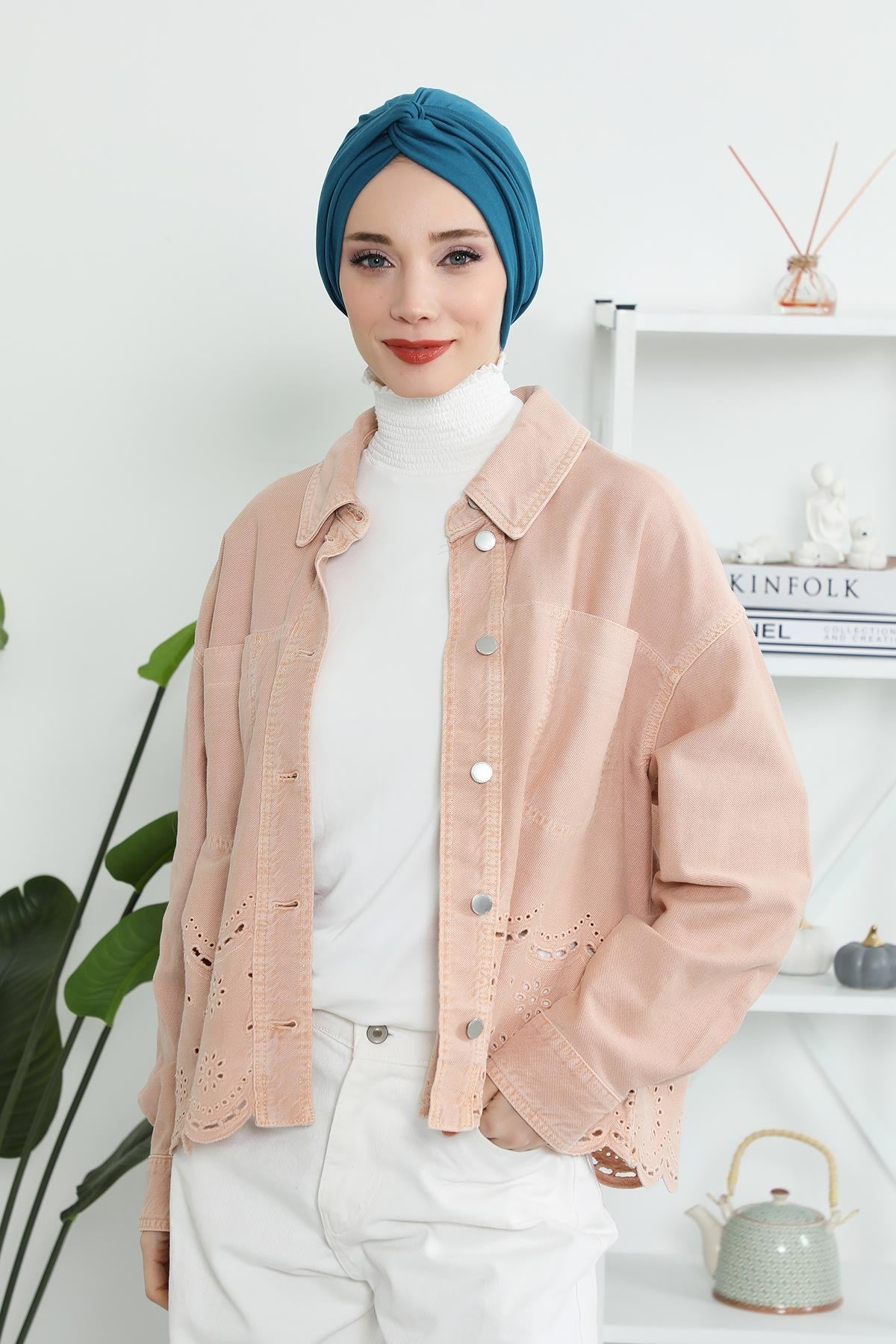 Maharajah Instant Turban Hijab for Women Headwrap Lightweight Headscarf Modest Headwear, Plain Stylish Bonnet Cap for Women,B-4 Petrol Blue