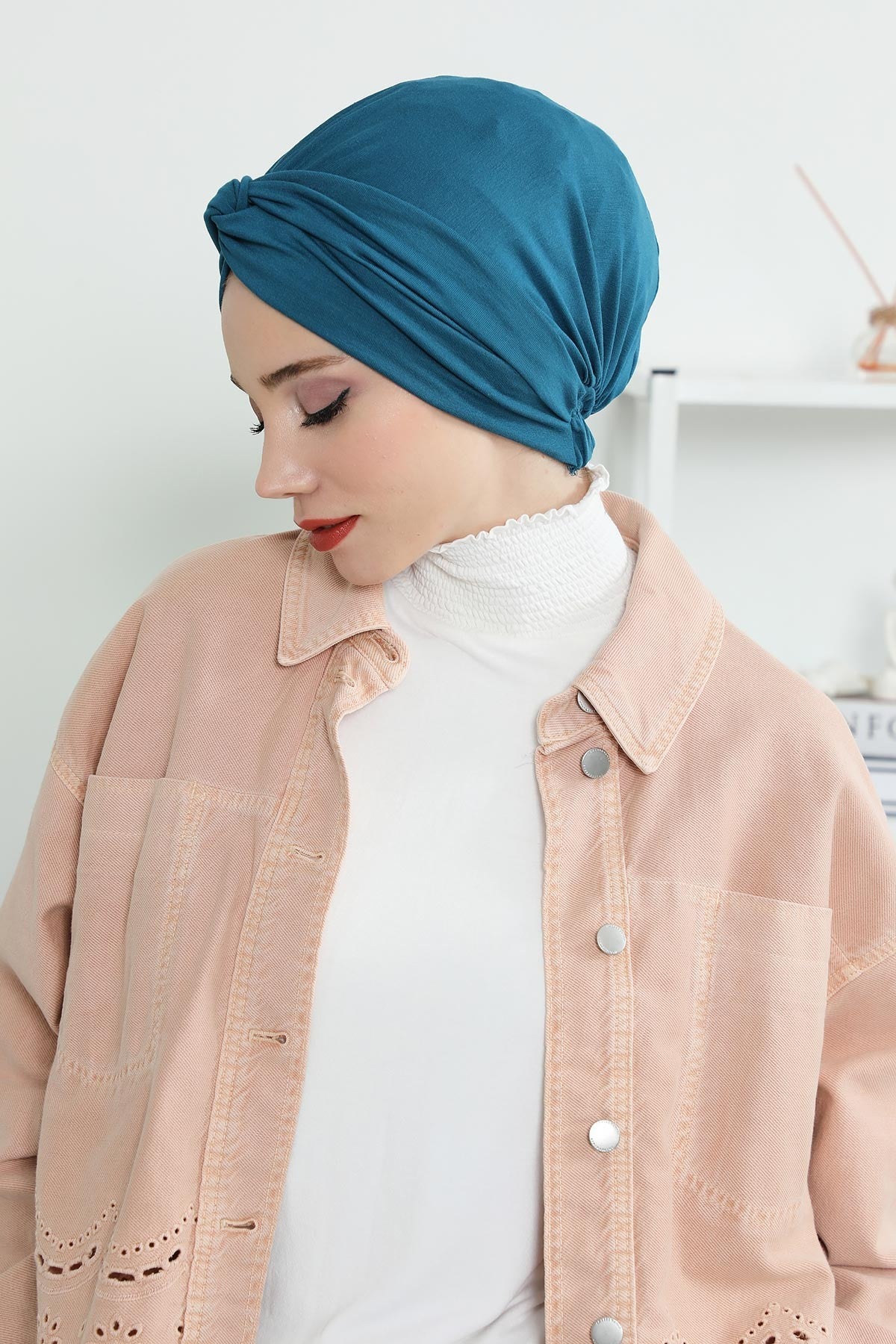 Maharajah Instant Turban Hijab for Women Headwrap Lightweight Headscarf Modest Headwear, Plain Stylish Bonnet Cap for Women,B-4 Petrol Blue