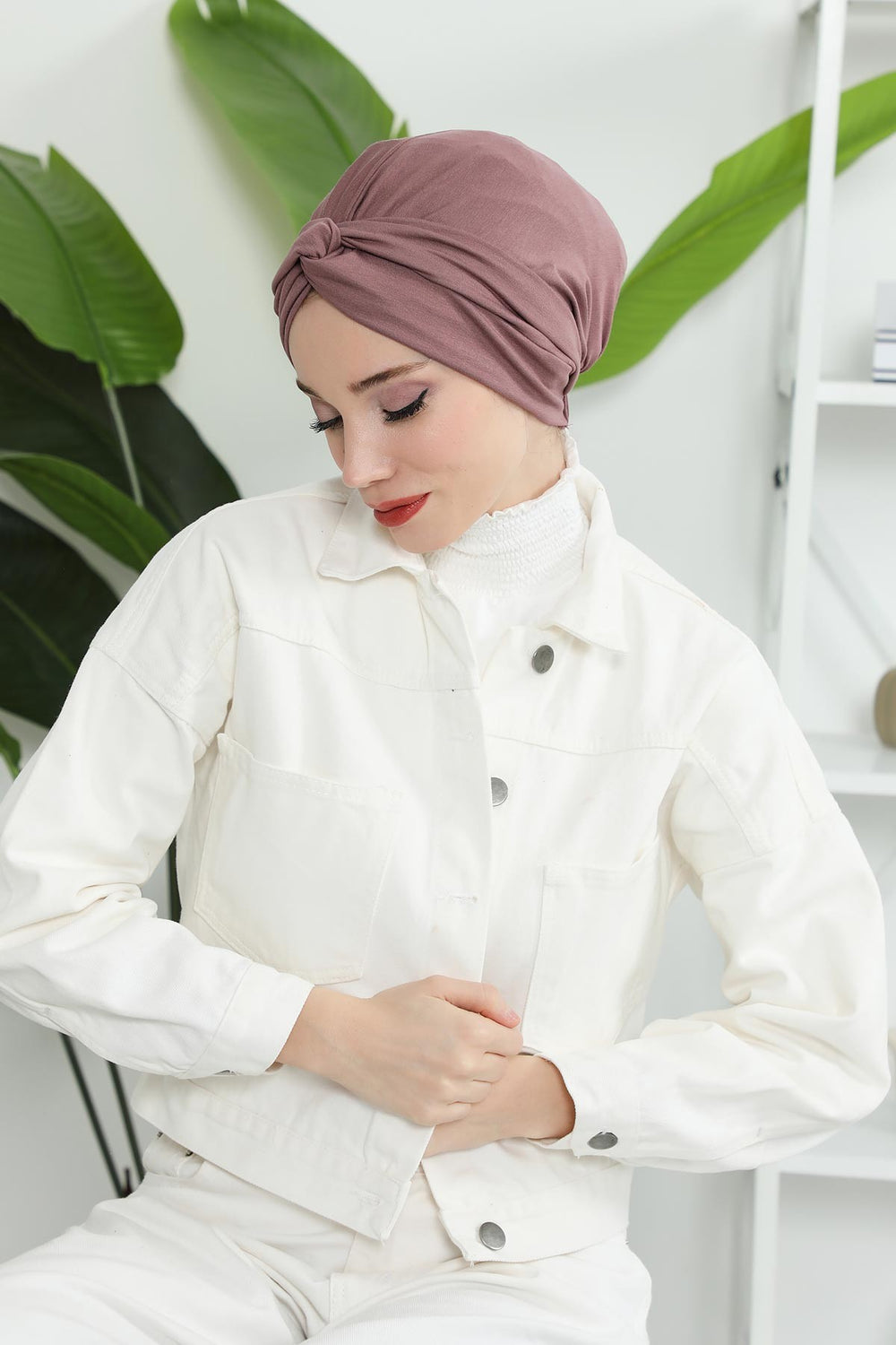 Maharajah Instant Turban Hijab for Women Headwrap Lightweight Headscarf Modest Headwear, Plain Stylish Bonnet Cap for Women,B-4 Dusty Rose