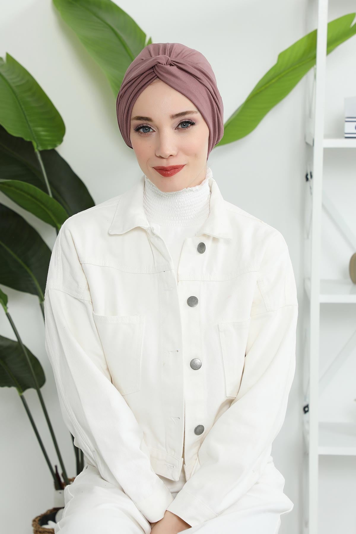 Maharajah Instant Turban Hijab for Women Headwrap Lightweight Headscarf Modest Headwear, Plain Stylish Bonnet Cap for Women,B-4 Dusty Rose