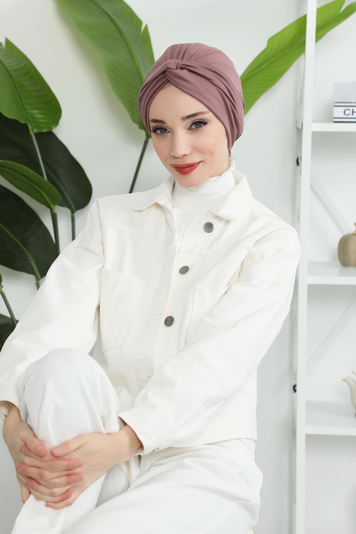 Maharajah Instant Turban Hijab for Women Headwrap Lightweight Headscarf Modest Headwear, Plain Stylish Bonnet Cap for Women,B-4 Dusty Rose