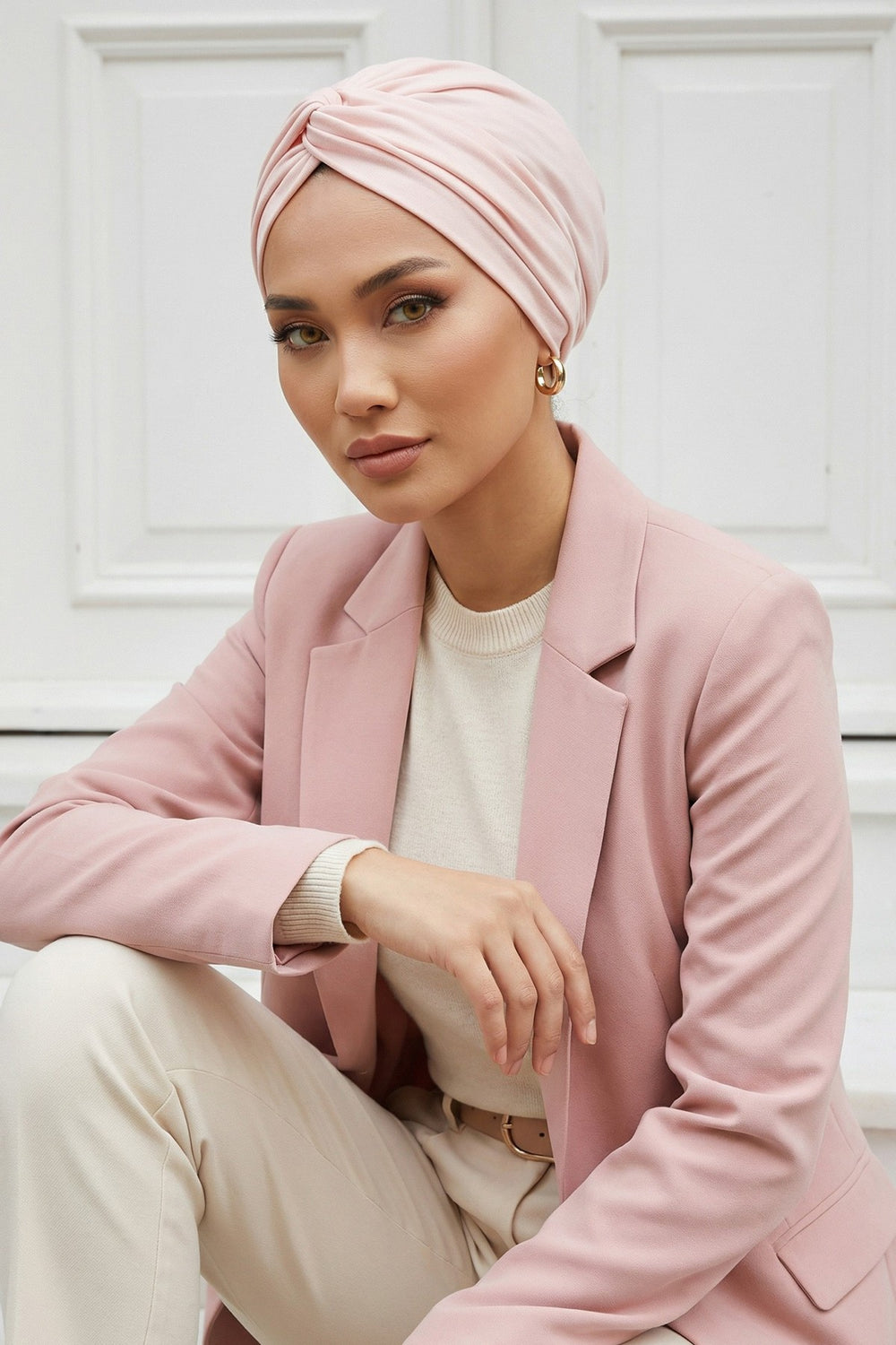 Maharajah Instant Turban Hijab for Women Headwrap Lightweight Headscarf Modest Headwear, Plain Stylish Bonnet Cap for Women,B-4 Powder