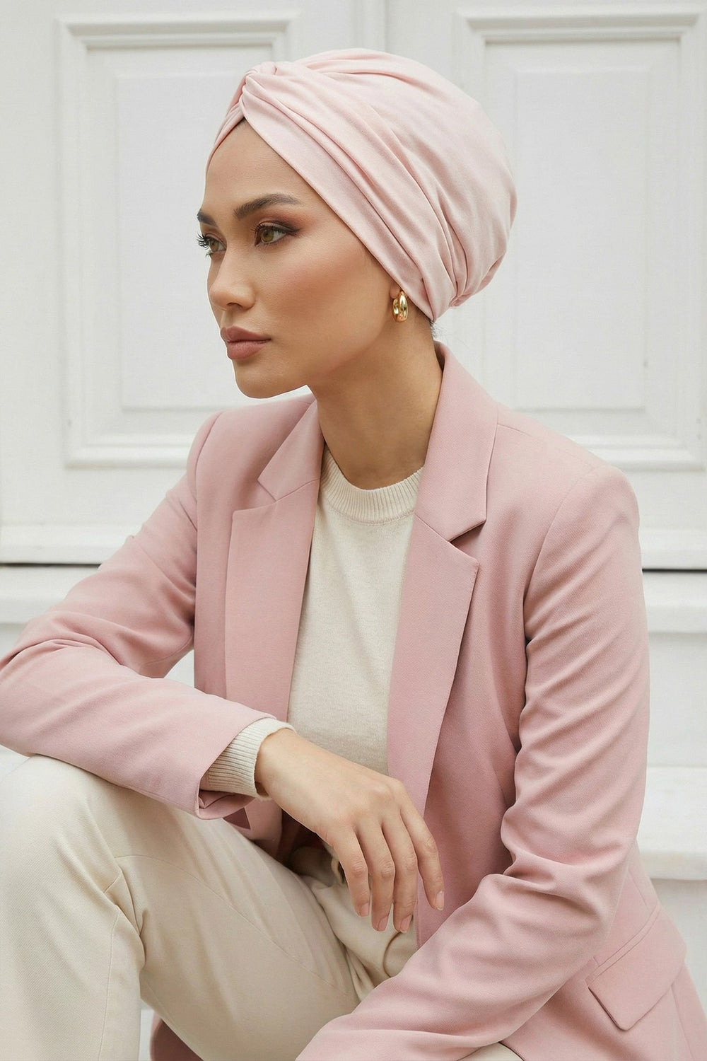 Maharajah Instant Turban Hijab for Women Headwrap Lightweight Headscarf Modest Headwear, Plain Stylish Bonnet Cap for Women,B-4 Powder
