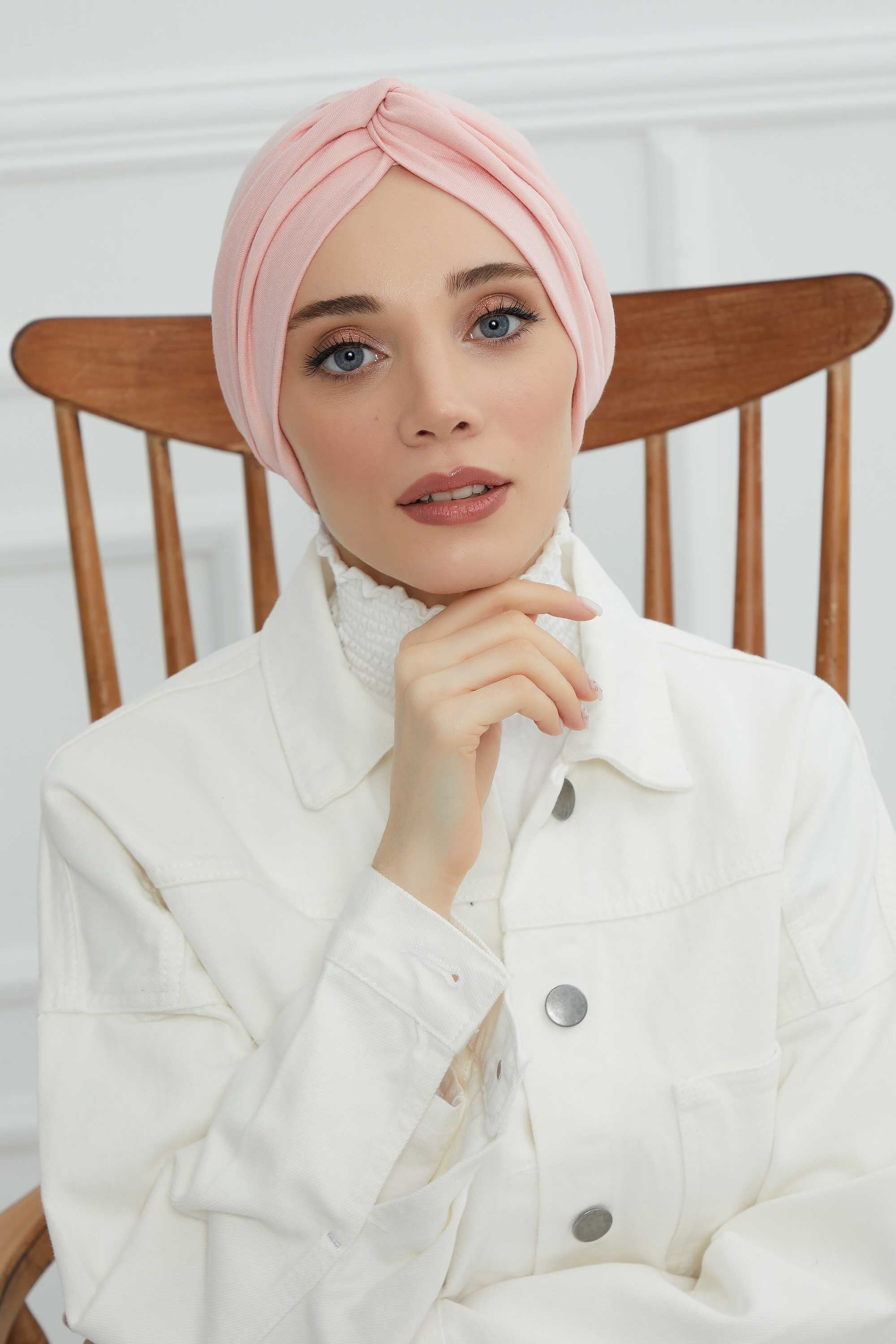 Maharajah Instant Turban Hijab for Women Headwrap Lightweight Headscarf Modest Headwear, Plain Stylish Bonnet Cap for Women,B-4 Powder