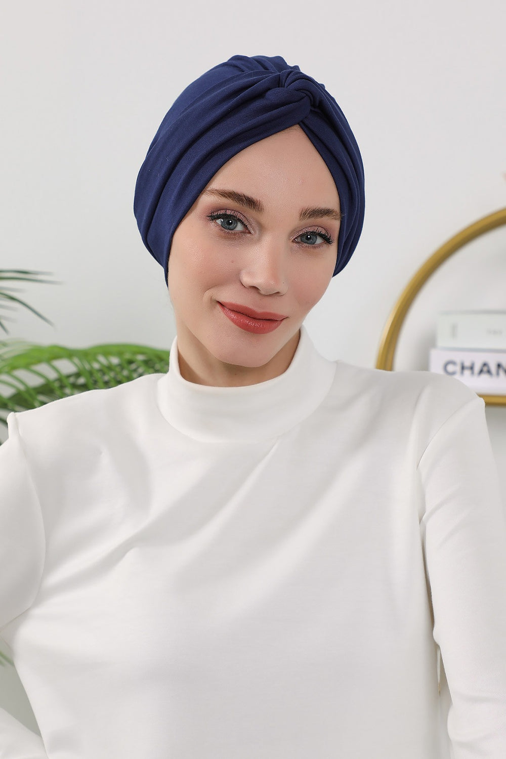 Maharajah Style Twist Turban Bonnet for Women, All Seasons Stretchy One Size Modest Headwrap, Double Face Fabric Underscarf Cap,B-4O Navy Blue