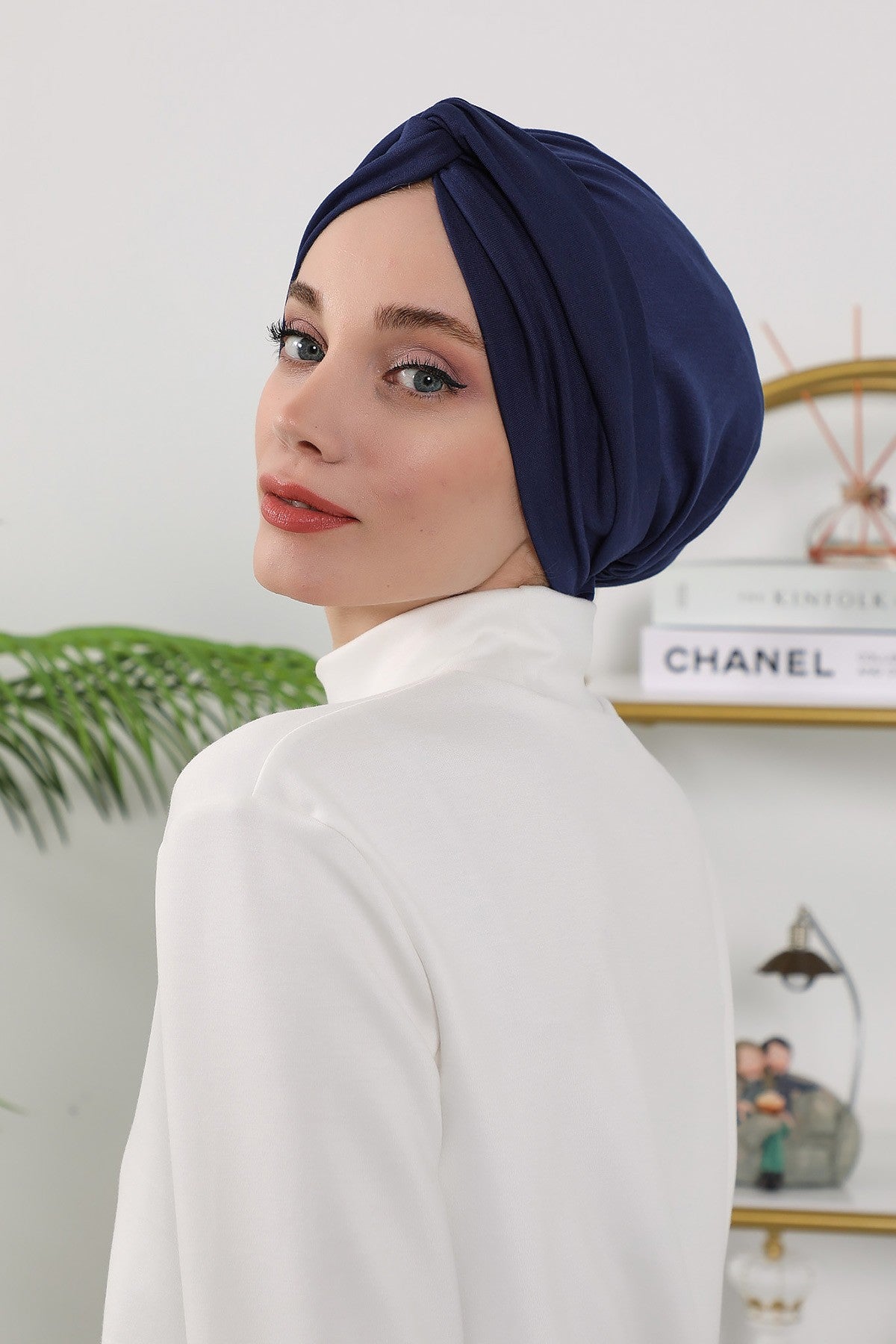 Maharajah Style Twist Turban Bonnet for Women, All Seasons Stretchy One Size Modest Headwrap, Double Face Fabric Underscarf Cap,B-4O Navy Blue
