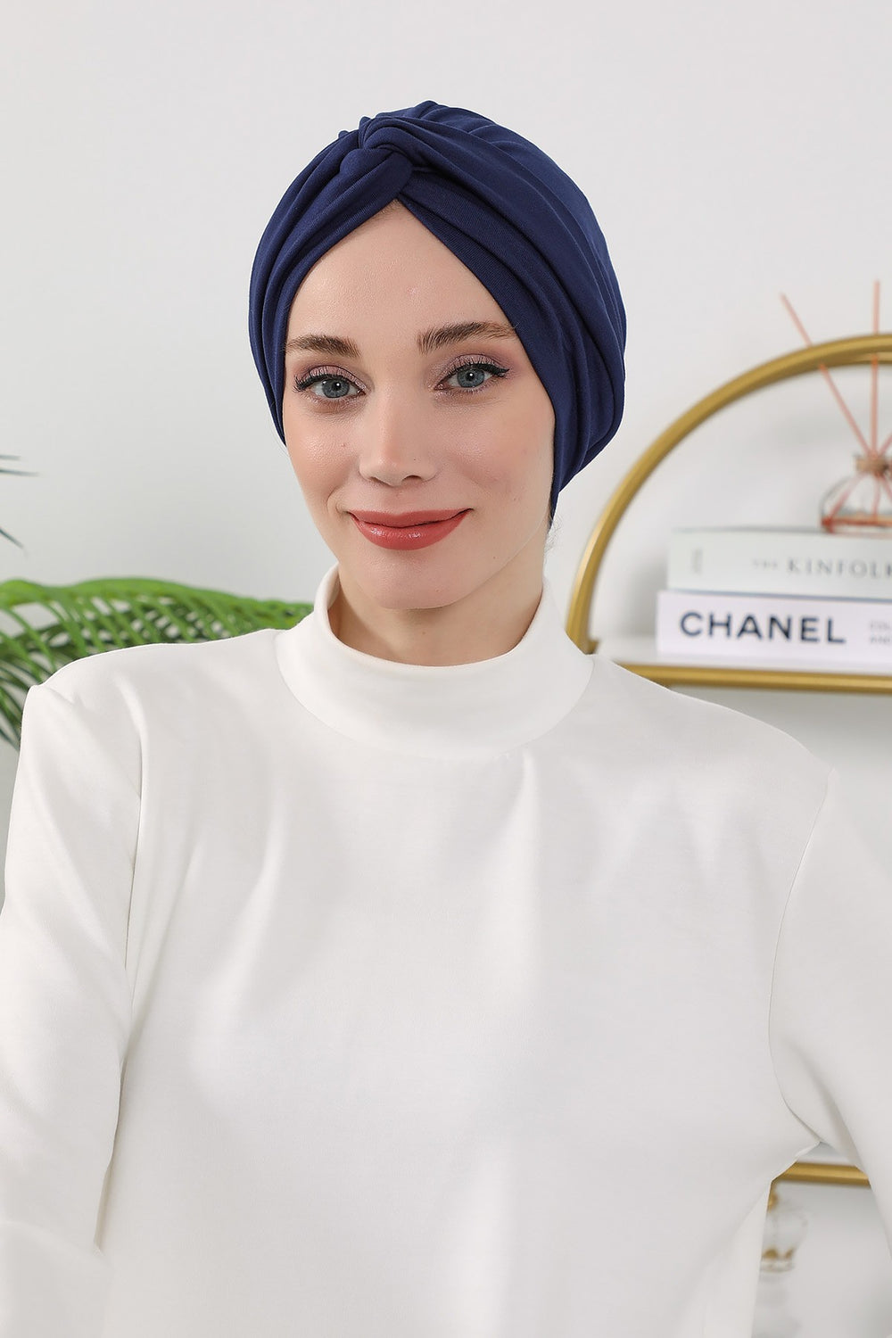 Maharajah Style Twist Turban Bonnet for Women, All Seasons Stretchy One Size Modest Headwrap, Double Face Fabric Underscarf Cap,B-4O Navy Blue