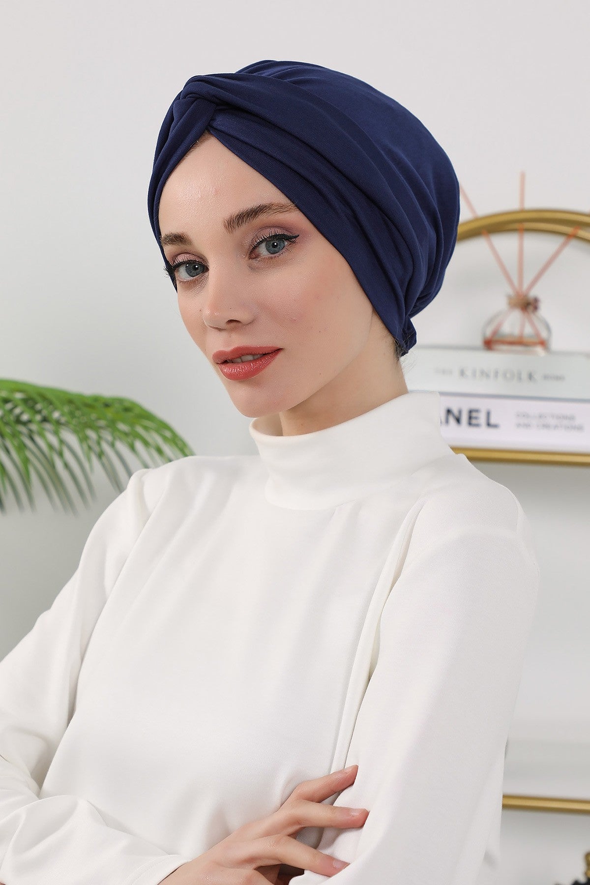 Maharajah Style Twist Turban Bonnet for Women, All Seasons Stretchy One Size Modest Headwrap, Double Face Fabric Underscarf Cap,B-4O Navy Blue