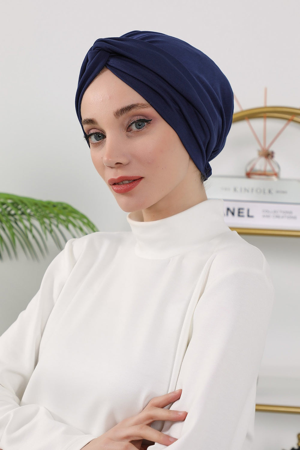 Maharajah Style Twist Turban Bonnet for Women, All Seasons Stretchy One Size Modest Headwrap, Double Face Fabric Underscarf Cap,B-4O Navy Blue