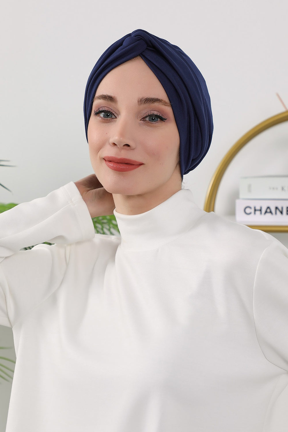 Maharajah Style Twist Turban Bonnet for Women, All Seasons Stretchy One Size Modest Headwrap, Double Face Fabric Underscarf Cap,B-4O Navy Blue