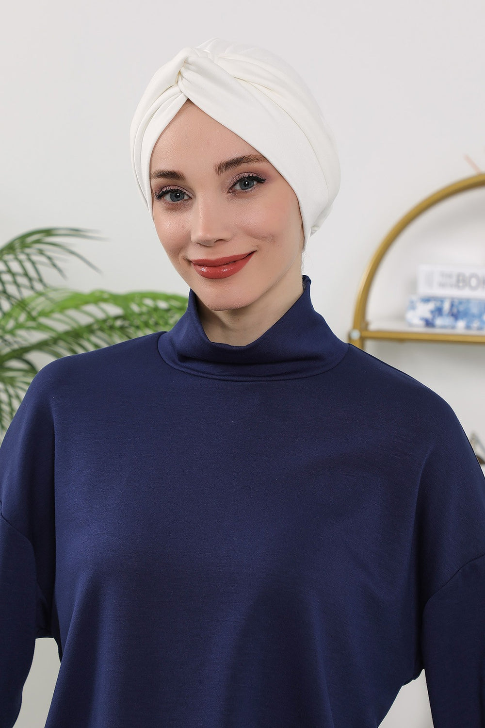 Maharajah Style Twist Turban Bonnet for Women, All Seasons Stretchy One Size Modest Headwrap, Double Face Fabric Underscarf Cap,B-4O Ecru