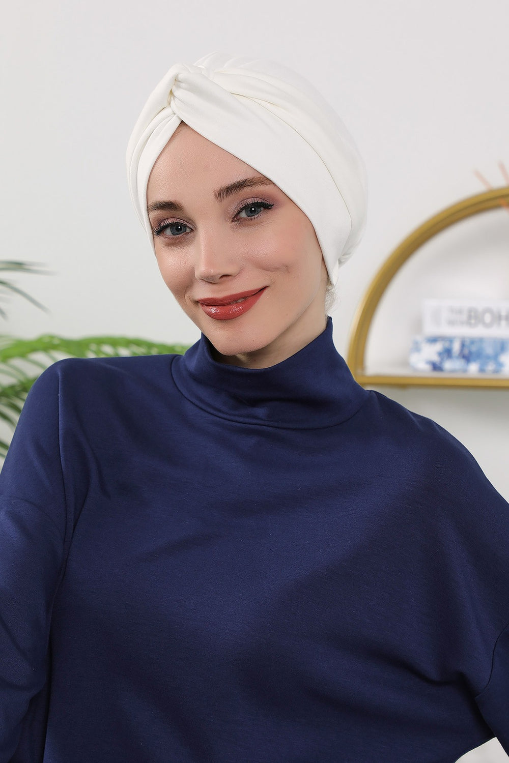 Maharajah Style Twist Turban Bonnet for Women, All Seasons Stretchy One Size Modest Headwrap, Double Face Fabric Underscarf Cap,B-4O Ecru