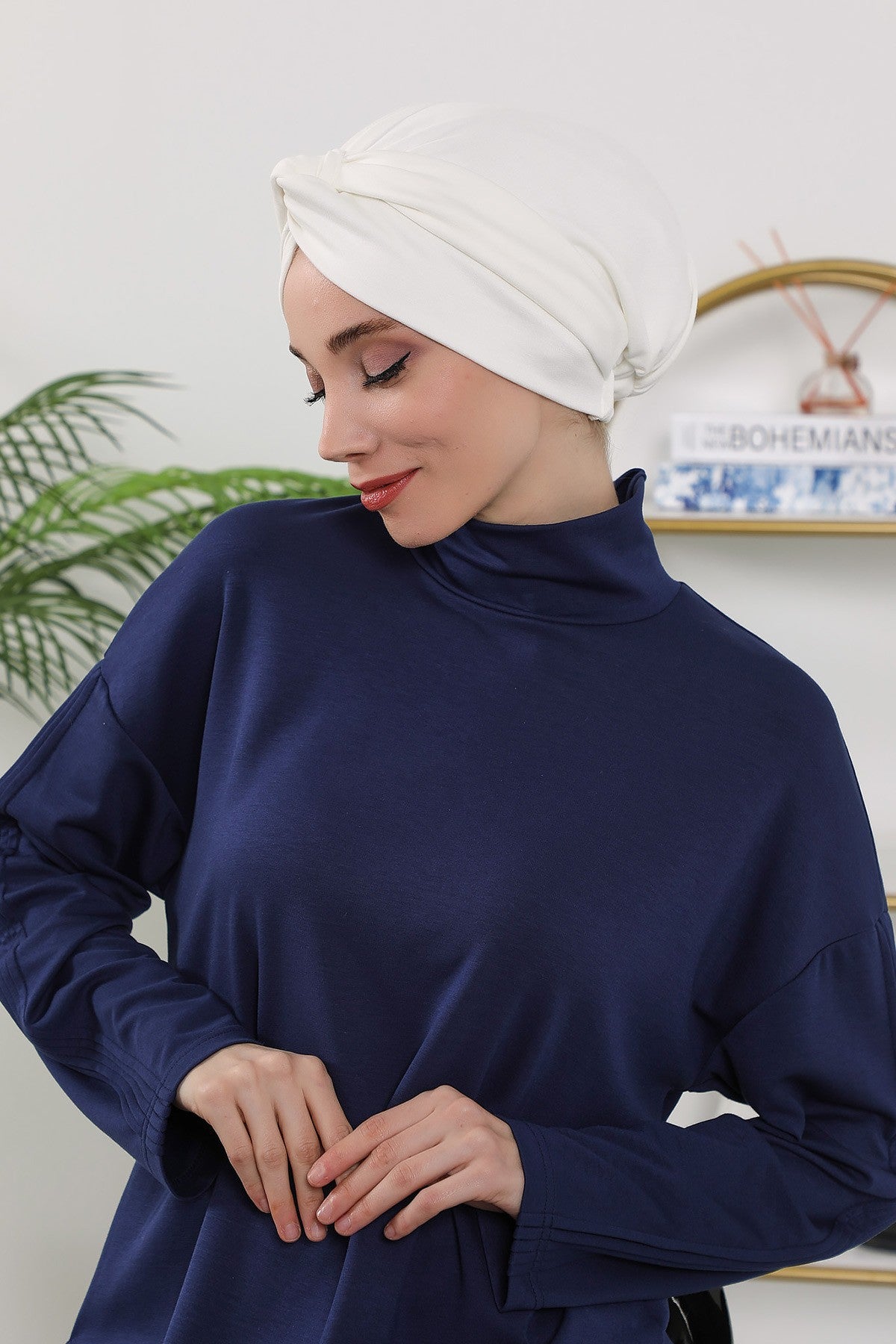 Maharajah Style Twist Turban Bonnet for Women, All Seasons Stretchy One Size Modest Headwrap, Double Face Fabric Underscarf Cap,B-4O Ecru