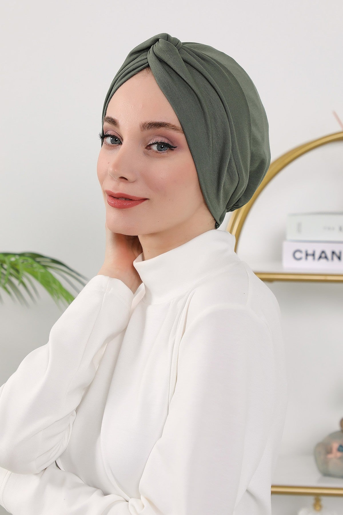 Maharajah Style Twist Turban Bonnet for Women, All Seasons Stretchy One Size Modest Headwrap, Double Face Fabric Underscarf Cap,B-4O Army Green