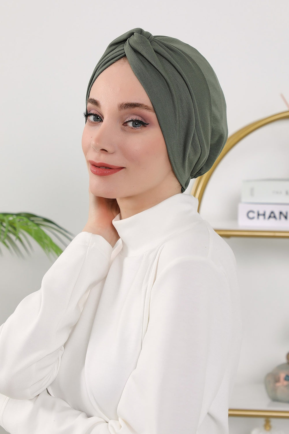 Maharajah Style Twist Turban Bonnet for Women, All Seasons Stretchy One Size Modest Headwrap, Double Face Fabric Underscarf Cap,B-4O Army Green
