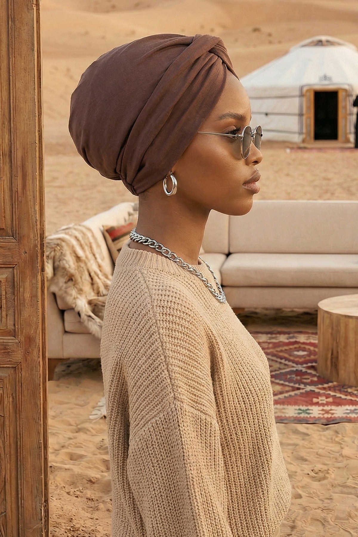Maharajah Style Twist Turban Bonnet for Women, All Seasons Stretchy One Size Modest Headwrap, Double Face Fabric Underscarf Cap,B-4O Brown