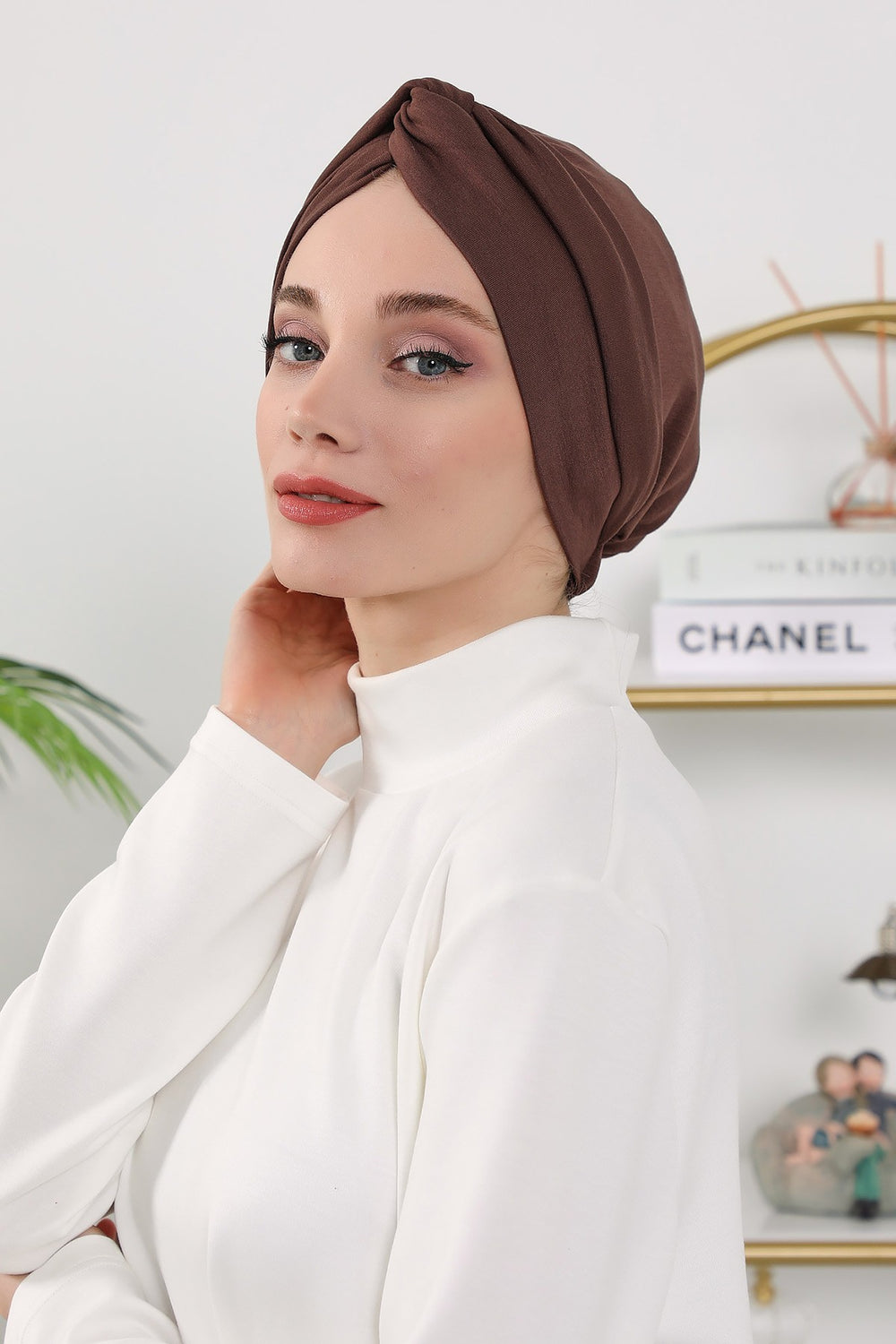 Maharajah Style Twist Turban Bonnet for Women, All Seasons Stretchy One Size Modest Headwrap, Double Face Fabric Underscarf Cap,B-4O Brown