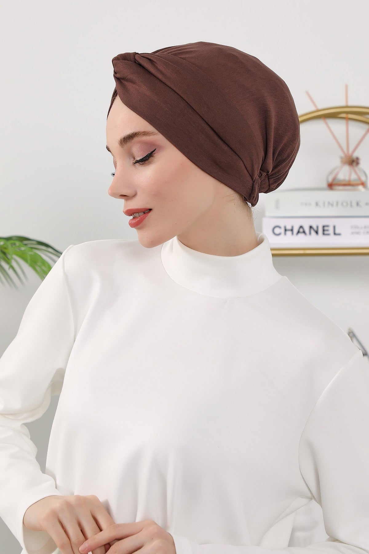Maharajah Style Twist Turban Bonnet for Women, All Seasons Stretchy One Size Modest Headwrap, Double Face Fabric Underscarf Cap,B-4O Brown