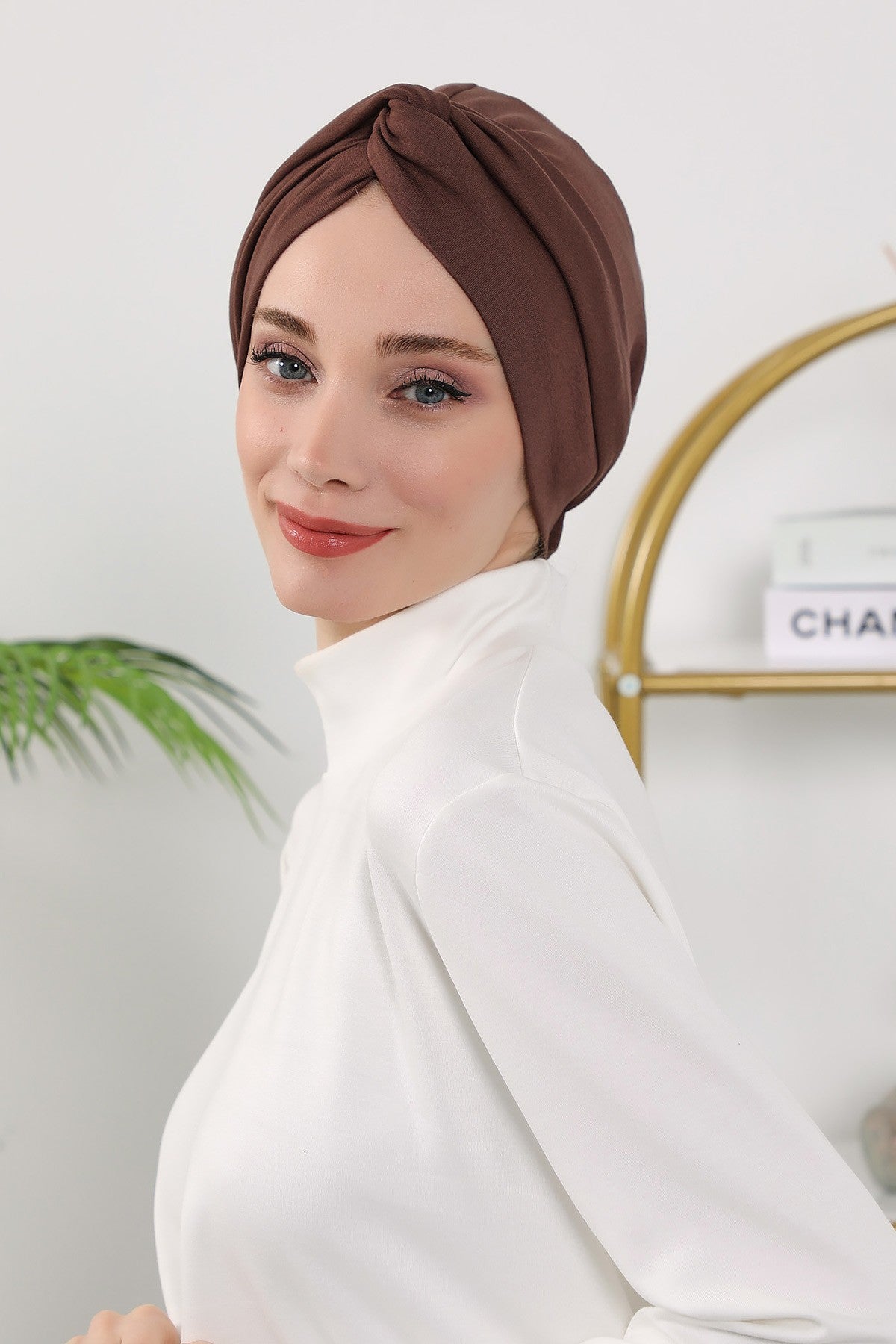 Maharajah Style Twist Turban Bonnet for Women, All Seasons Stretchy One Size Modest Headwrap, Double Face Fabric Underscarf Cap,B-4O Brown