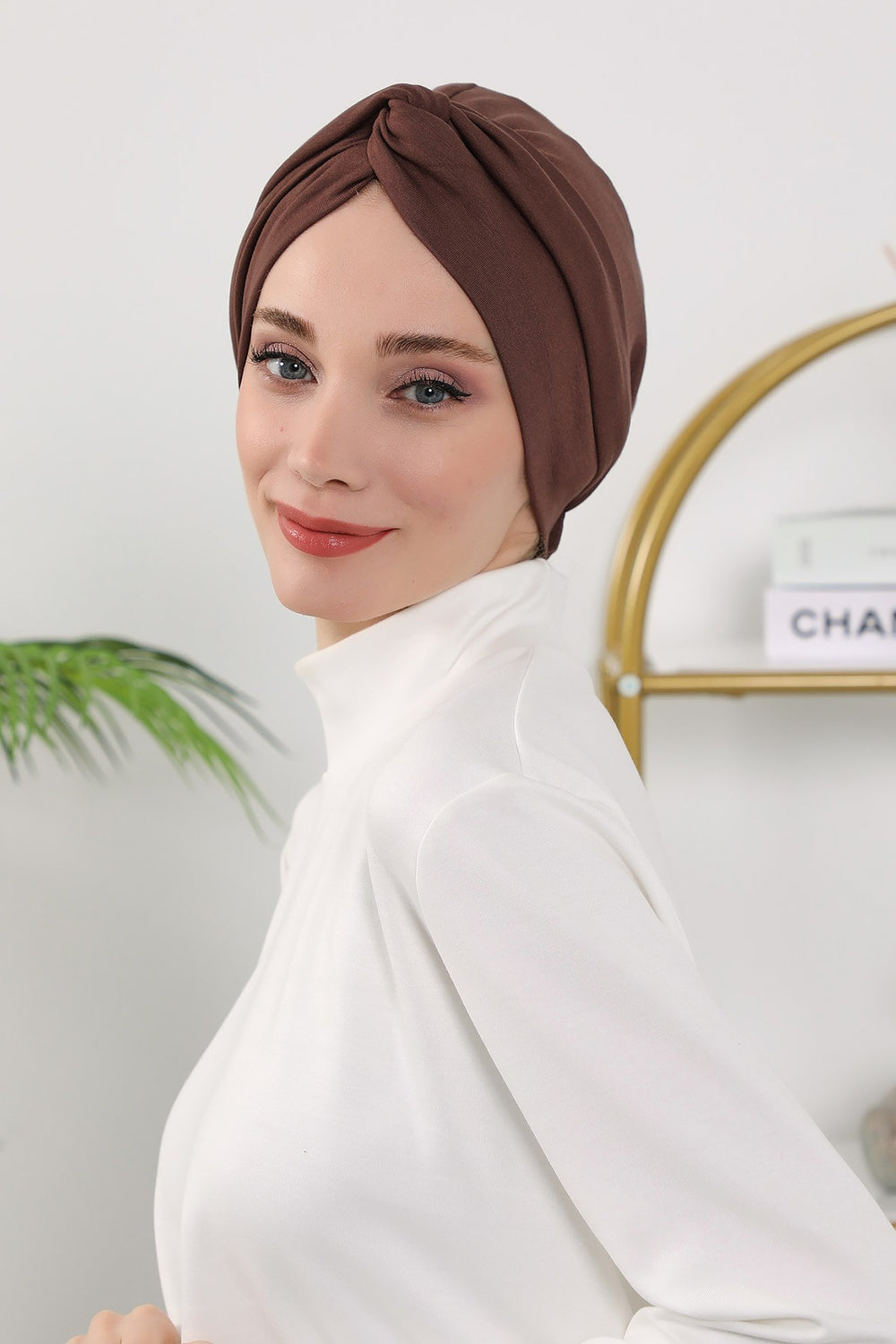 Maharajah Style Twist Turban Bonnet for Women, All Seasons Stretchy One Size Modest Headwrap, Double Face Fabric Underscarf Cap,B-4O Brown