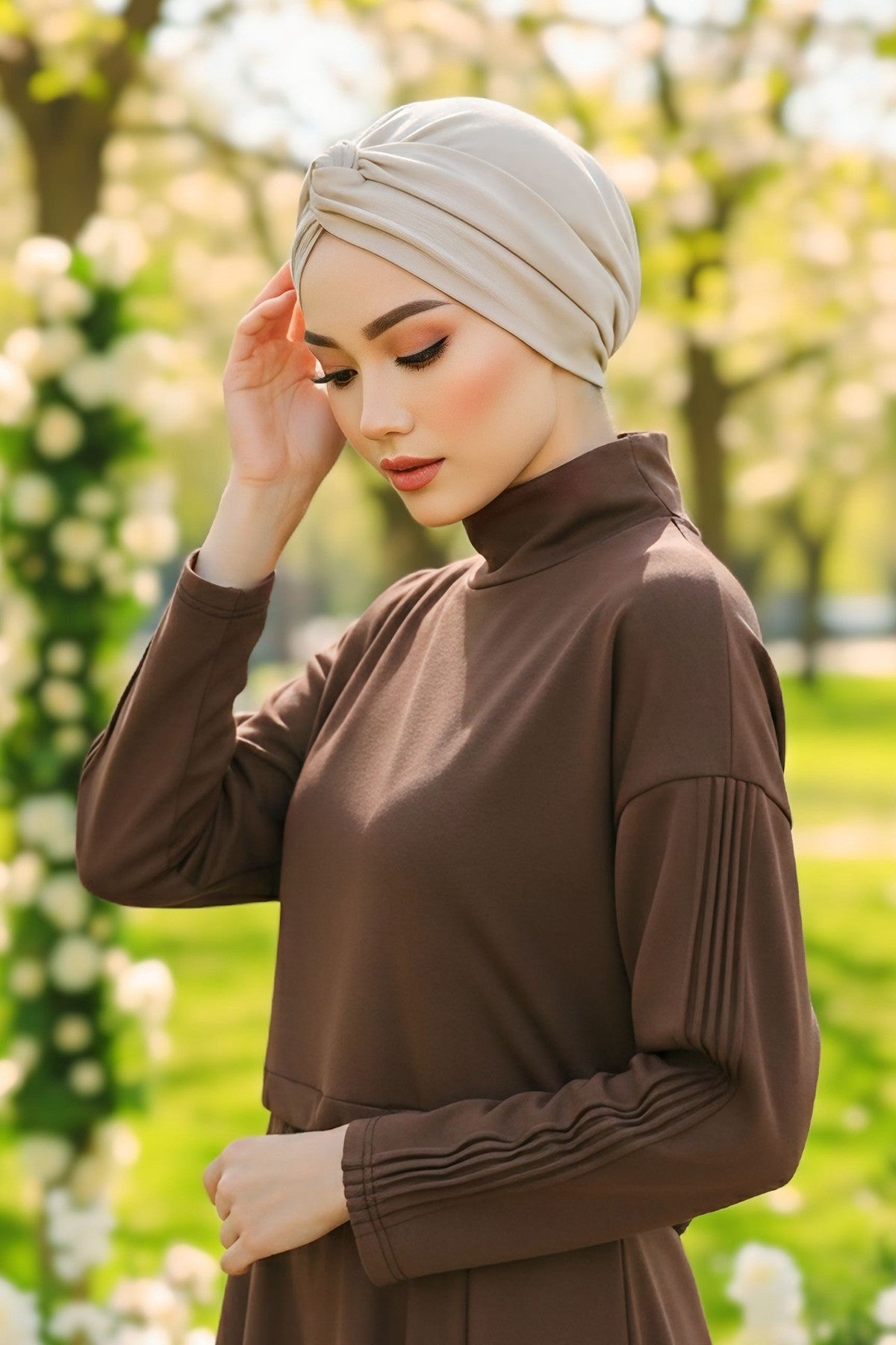 Maharajah Style Twist Turban Bonnet for Women, All Seasons Stretchy One Size Modest Headwrap, Double Face Fabric Underscarf Cap,B-4O Beige