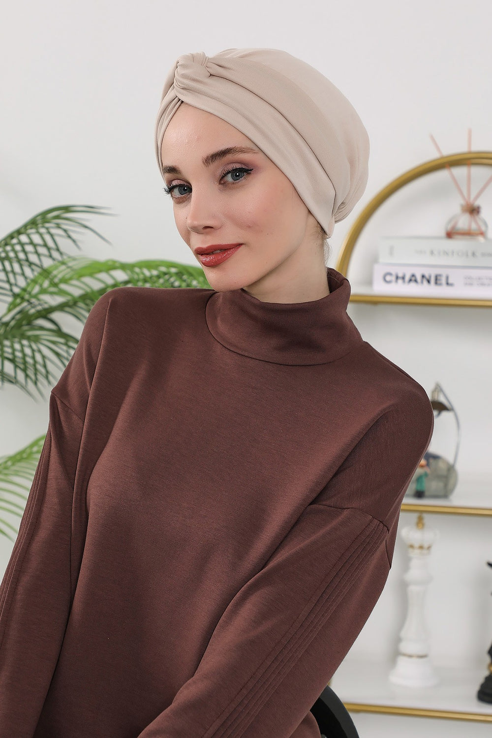 Maharajah Style Twist Turban Bonnet for Women, All Seasons Stretchy One Size Modest Headwrap, Double Face Fabric Underscarf Cap,B-4O Beige