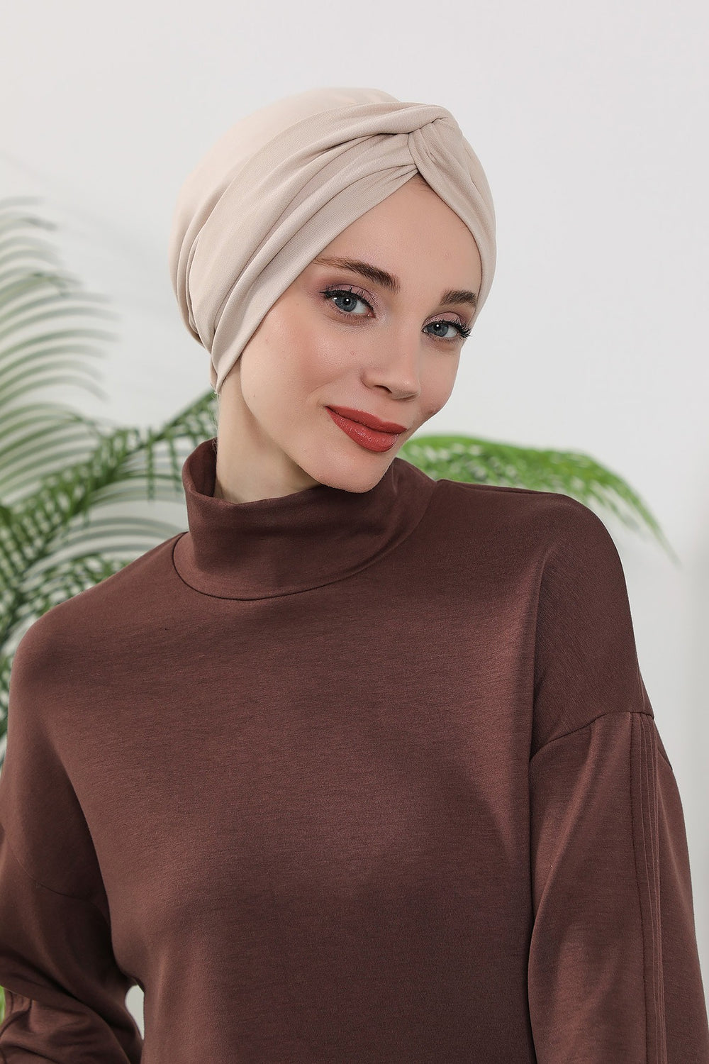 Maharajah Style Twist Turban Bonnet for Women, All Seasons Stretchy One Size Modest Headwrap, Double Face Fabric Underscarf Cap,B-4O Beige