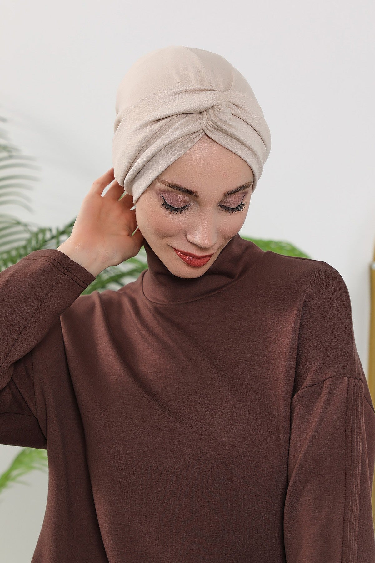 Maharajah Style Twist Turban Bonnet for Women, All Seasons Stretchy One Size Modest Headwrap, Double Face Fabric Underscarf Cap,B-4O Beige
