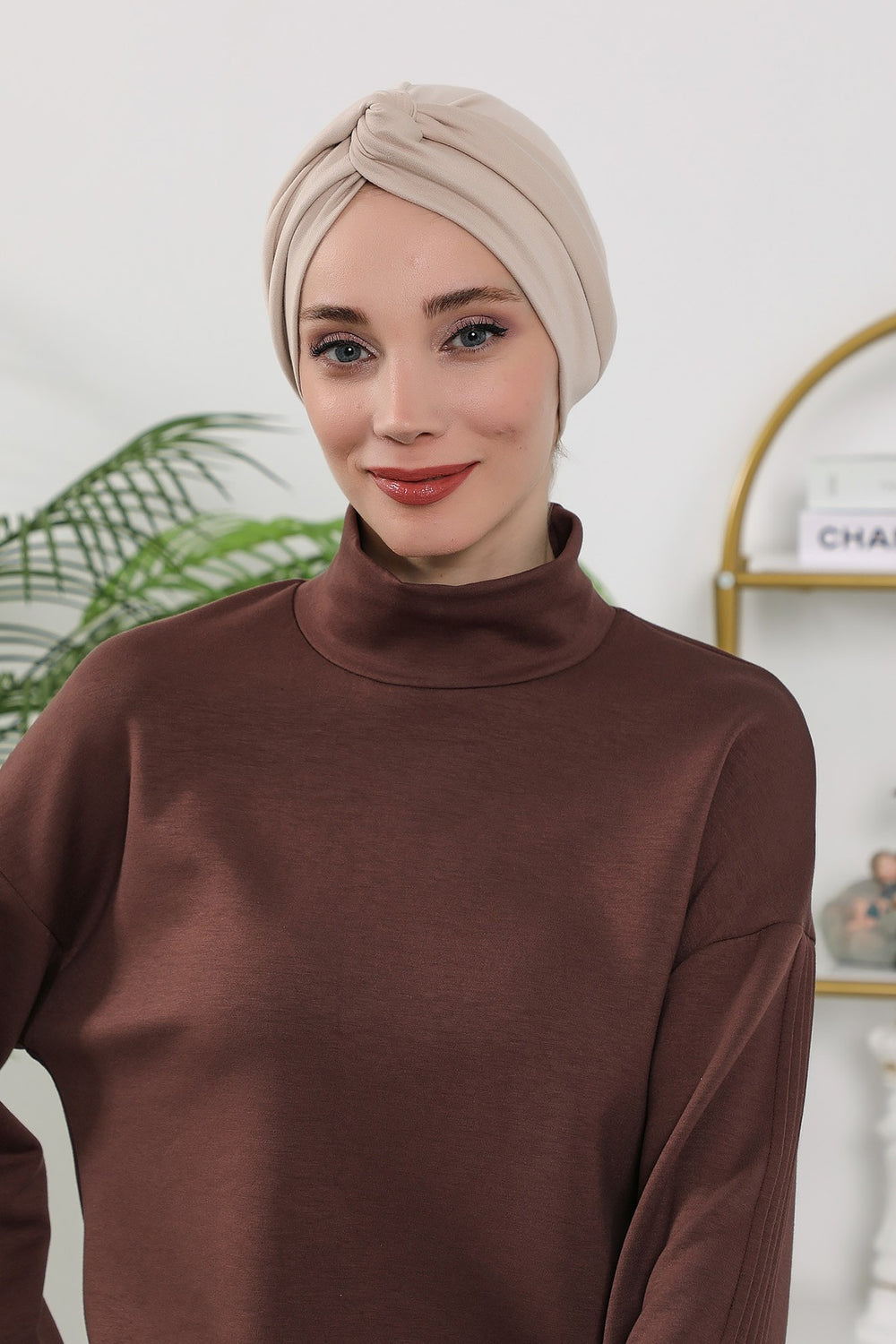 Maharajah Style Twist Turban Bonnet for Women, All Seasons Stretchy One Size Modest Headwrap, Double Face Fabric Underscarf Cap,B-4O Beige