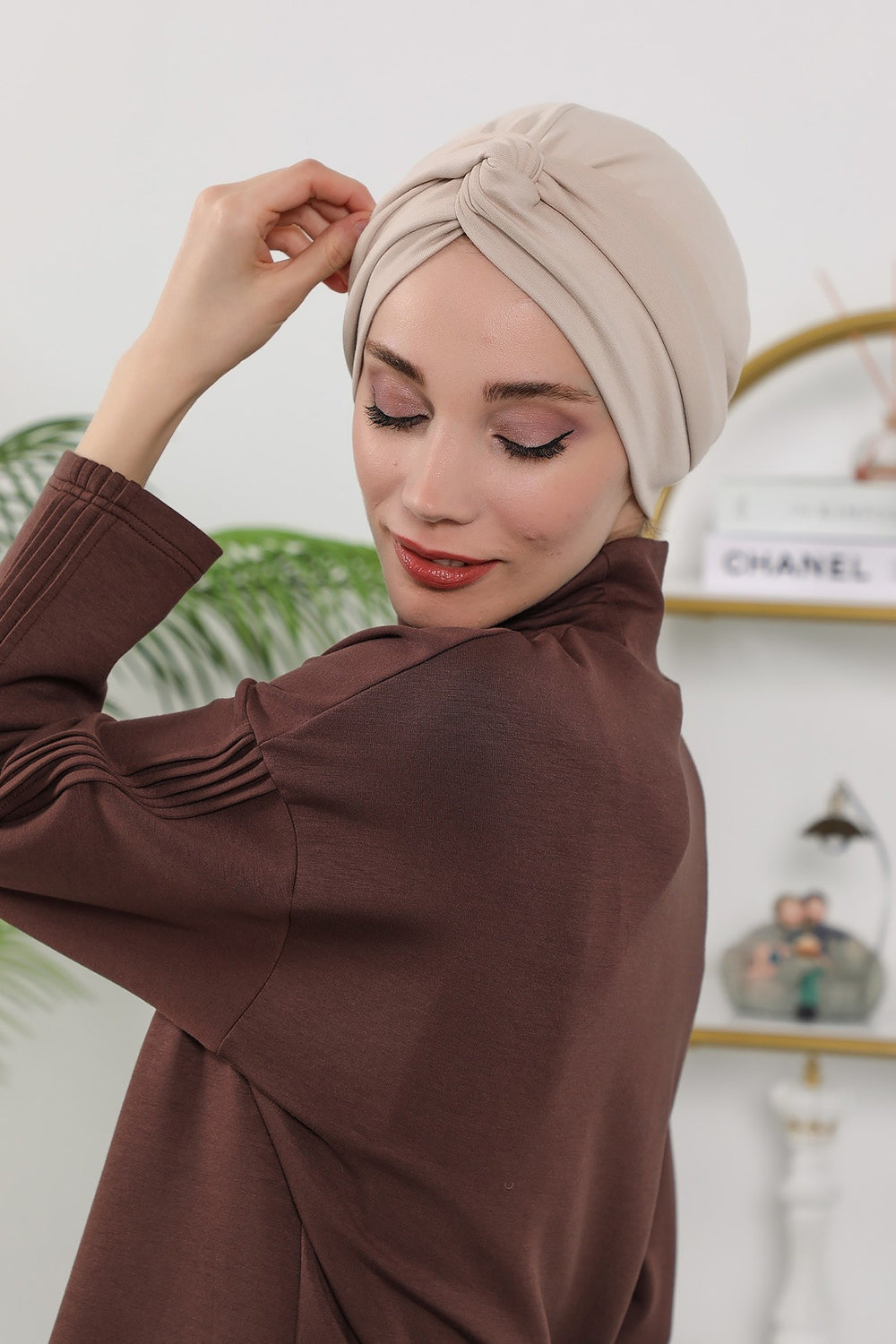 Maharajah Style Twist Turban Bonnet for Women, All Seasons Stretchy One Size Modest Headwrap, Double Face Fabric Underscarf Cap,B-4O Beige