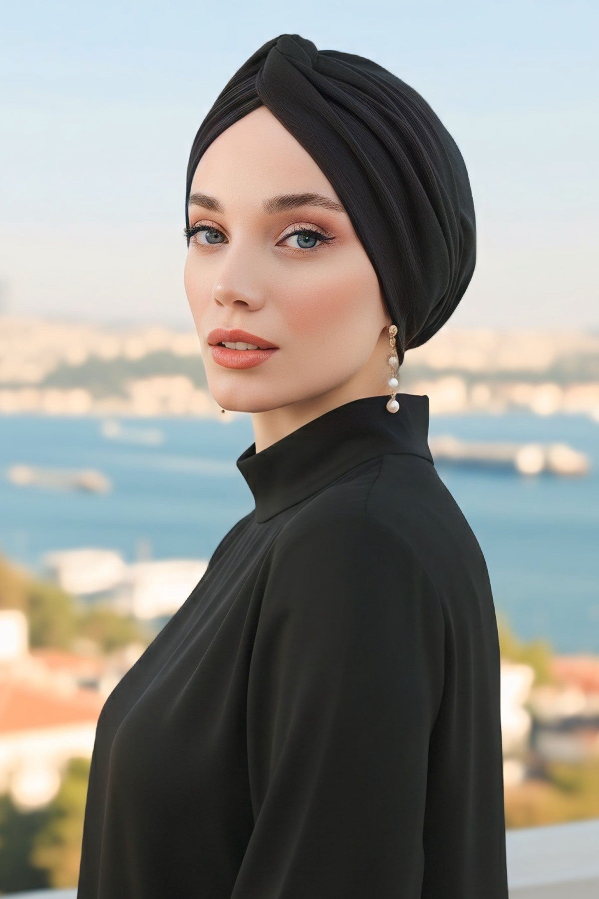 Maharajah Style Twist Turban Bonnet for Women, All Seasons Stretchy One Size Modest Headwrap, Double Face Fabric Underscarf Cap,B-4O Black
