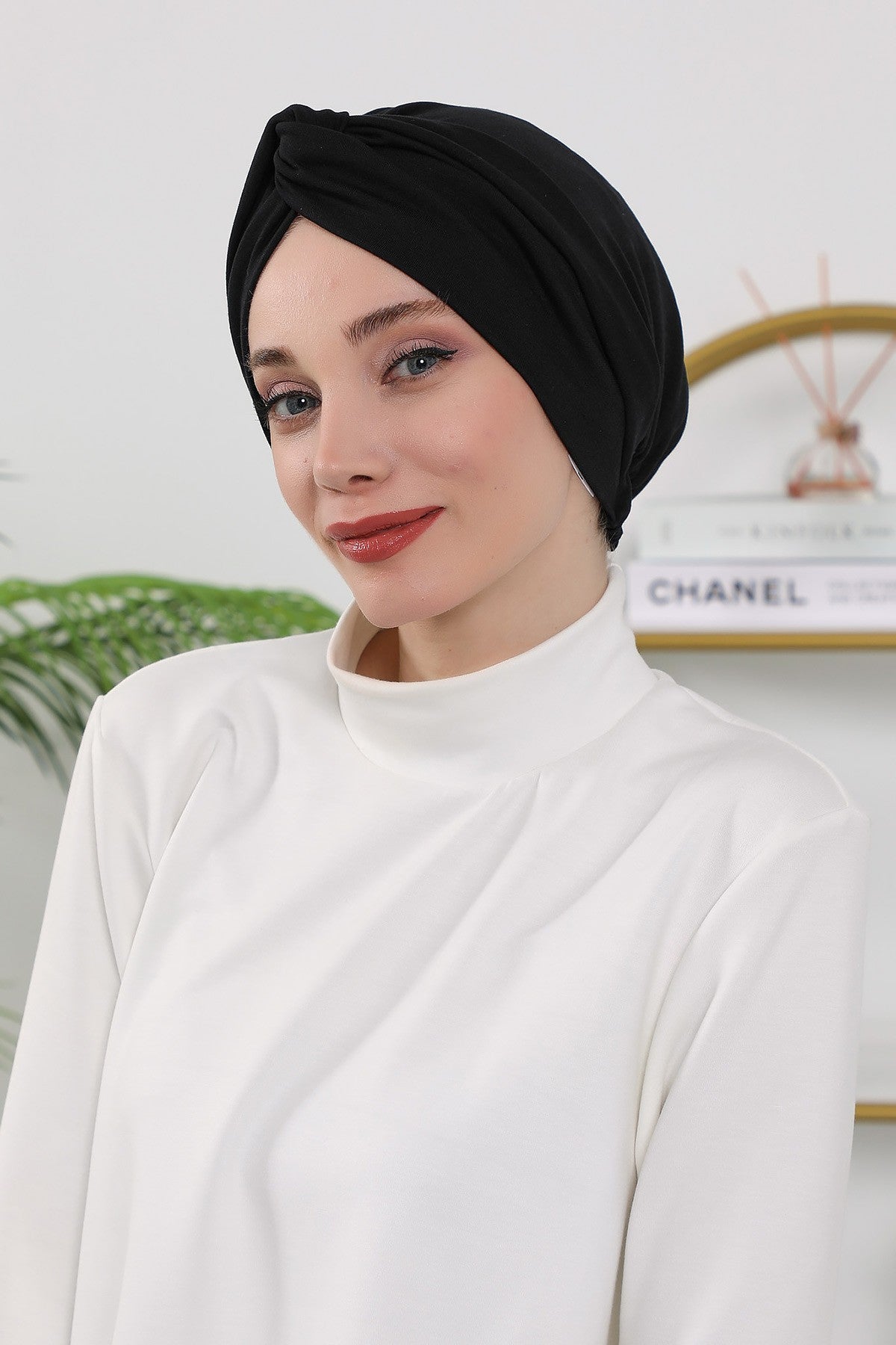 Maharajah Style Twist Turban Bonnet for Women, All Seasons Stretchy One Size Modest Headwrap, Double Face Fabric Underscarf Cap,B-4O Black