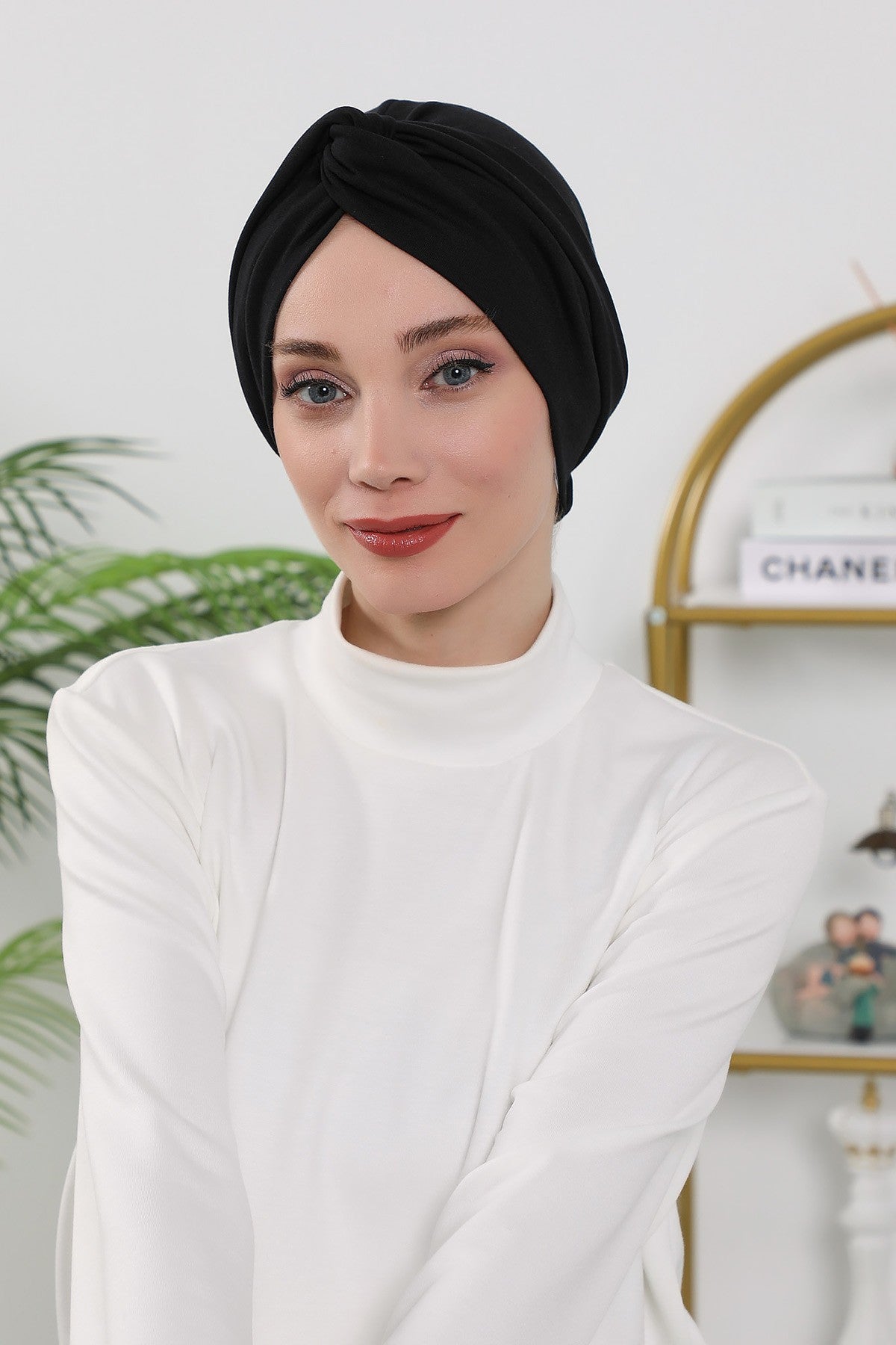 Maharajah Style Twist Turban Bonnet for Women, All Seasons Stretchy One Size Modest Headwrap, Double Face Fabric Underscarf Cap,B-4O Black