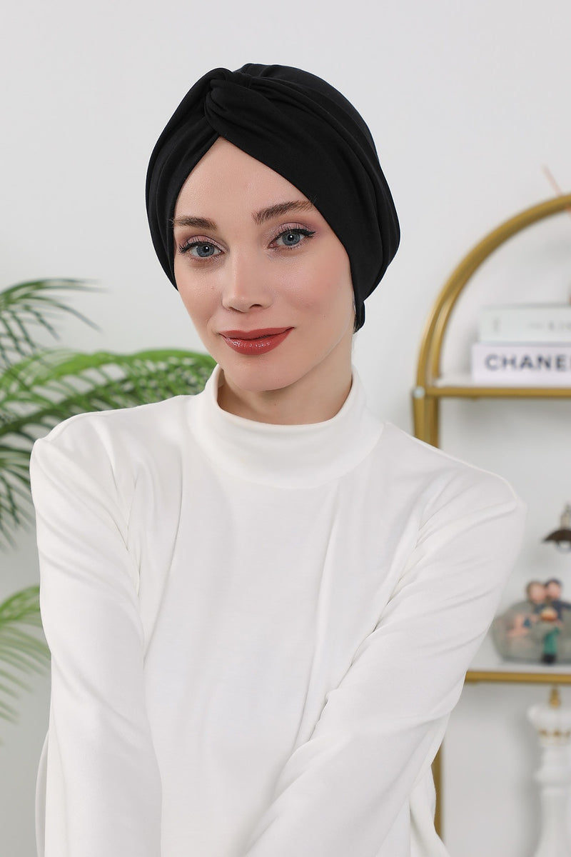 Maharajah Style Twist Turban Bonnet for Women, All Seasons Stretchy One Size Modest Headwrap, Double Face Fabric Underscarf Cap,B-4O