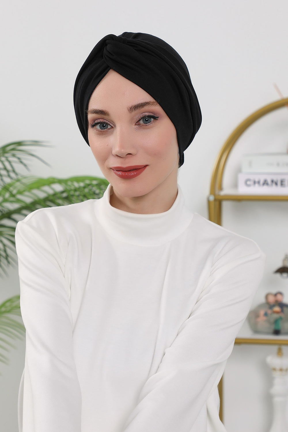 Maharajah Style Twist Turban Bonnet for Women, All Seasons Stretchy One Size Modest Headwrap, Double Face Fabric Underscarf Cap,B-4O Black