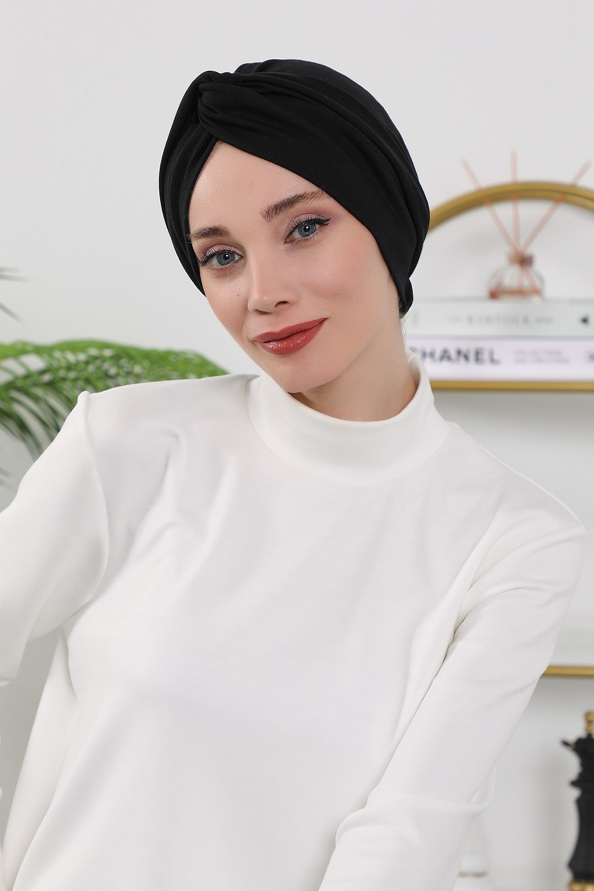 Maharajah Style Twist Turban Bonnet for Women, All Seasons Stretchy One Size Modest Headwrap, Double Face Fabric Underscarf Cap,B-4O Black