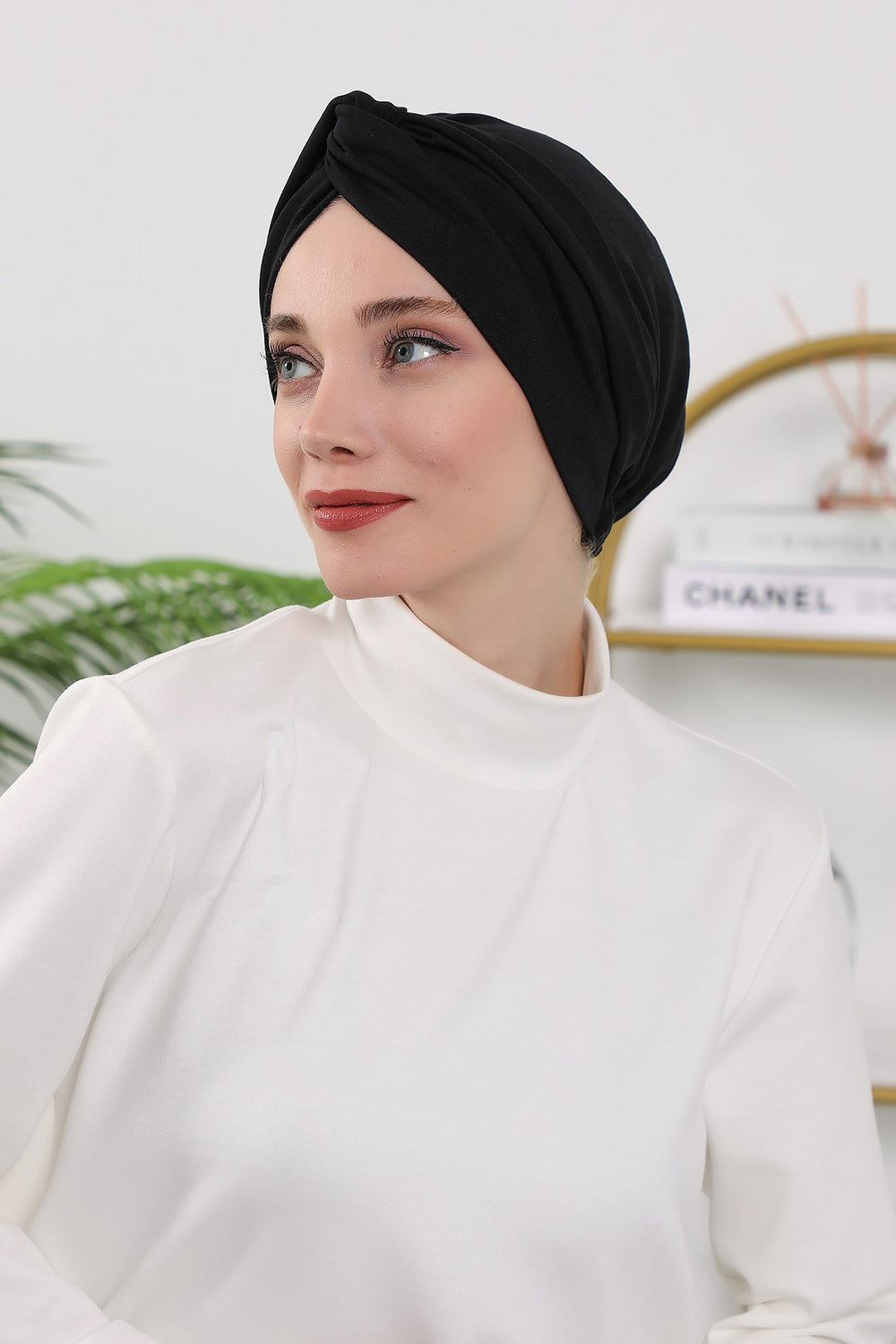 Maharajah Style Twist Turban Bonnet for Women, All Seasons Stretchy One Size Modest Headwrap, Double Face Fabric Underscarf Cap,B-4O Black