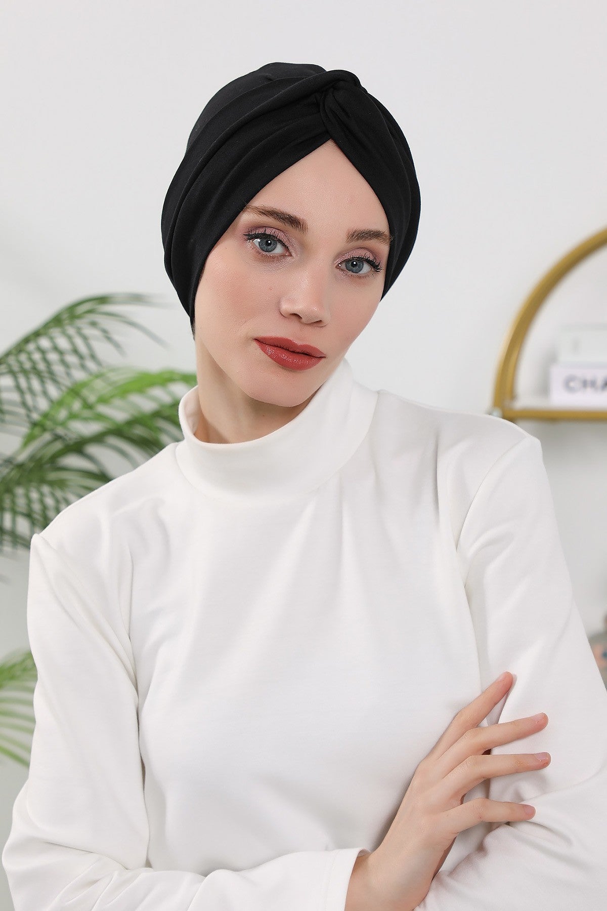 Maharajah Style Twist Turban Bonnet for Women, All Seasons Stretchy One Size Modest Headwrap, Double Face Fabric Underscarf Cap,B-4O Black