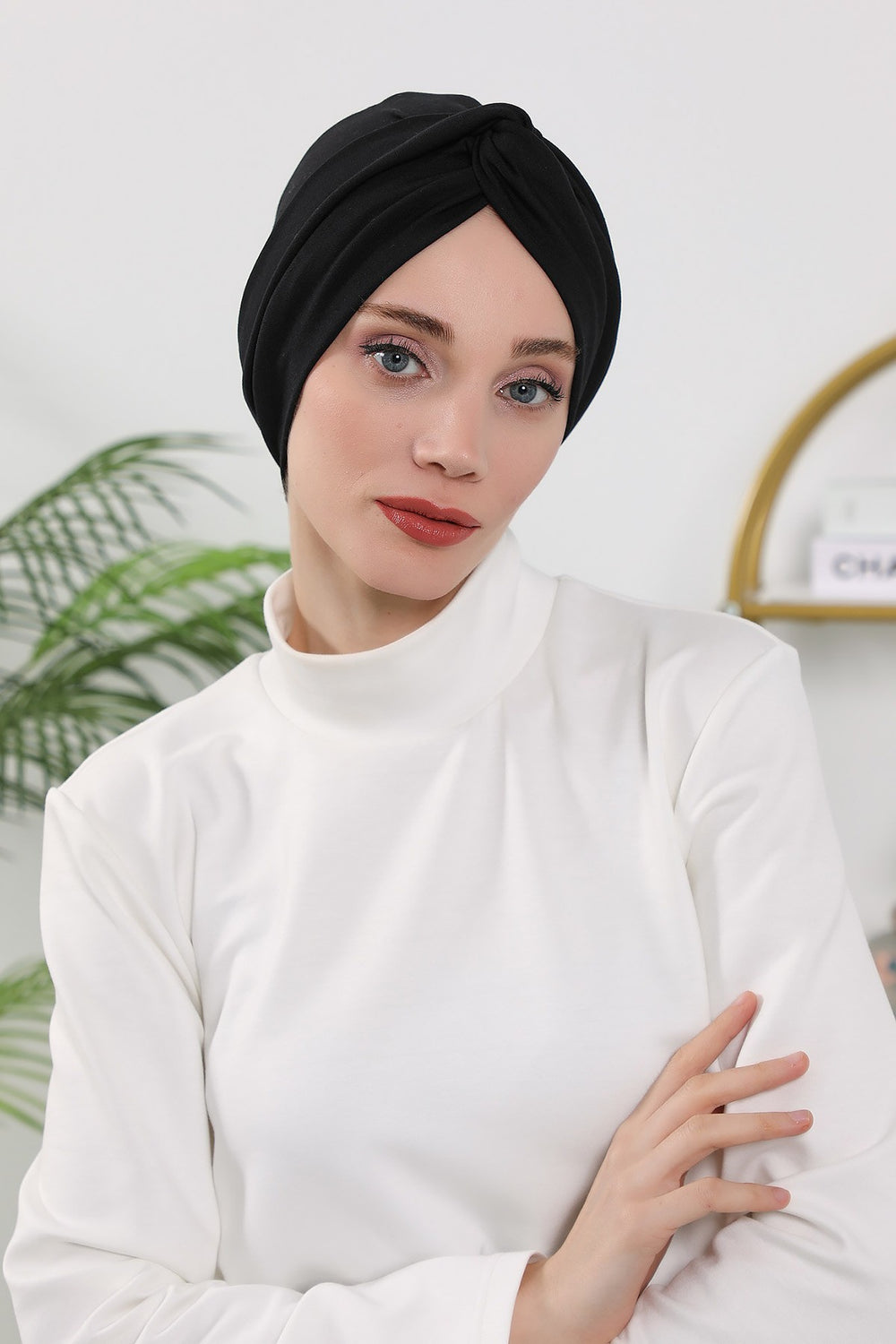 Maharajah Style Twist Turban Bonnet for Women, All Seasons Stretchy One Size Modest Headwrap, Double Face Fabric Underscarf Cap,B-4O Black