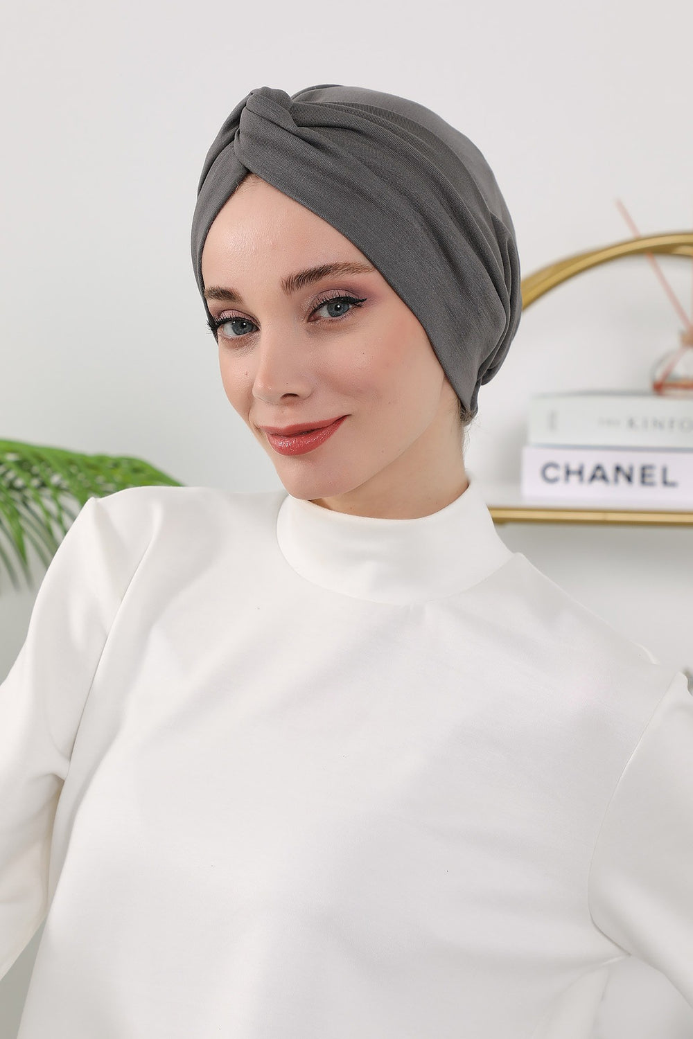 Maharajah Style Twist Turban Bonnet for Women, All Seasons Stretchy One Size Modest Headwrap, Double Face Fabric Underscarf Cap,B-4O Anthracite