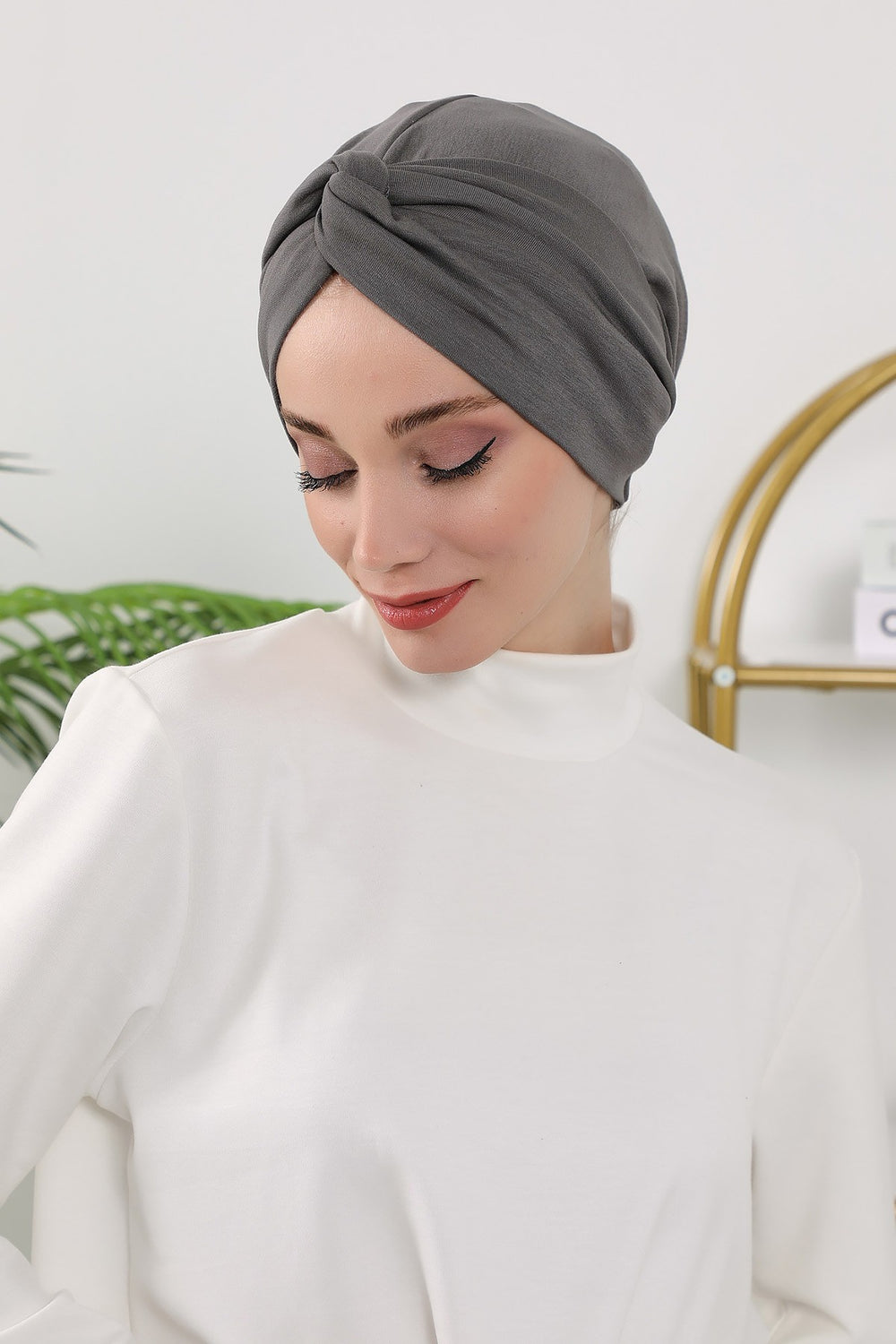 Maharajah Style Twist Turban Bonnet for Women, All Seasons Stretchy One Size Modest Headwrap, Double Face Fabric Underscarf Cap,B-4O Anthracite