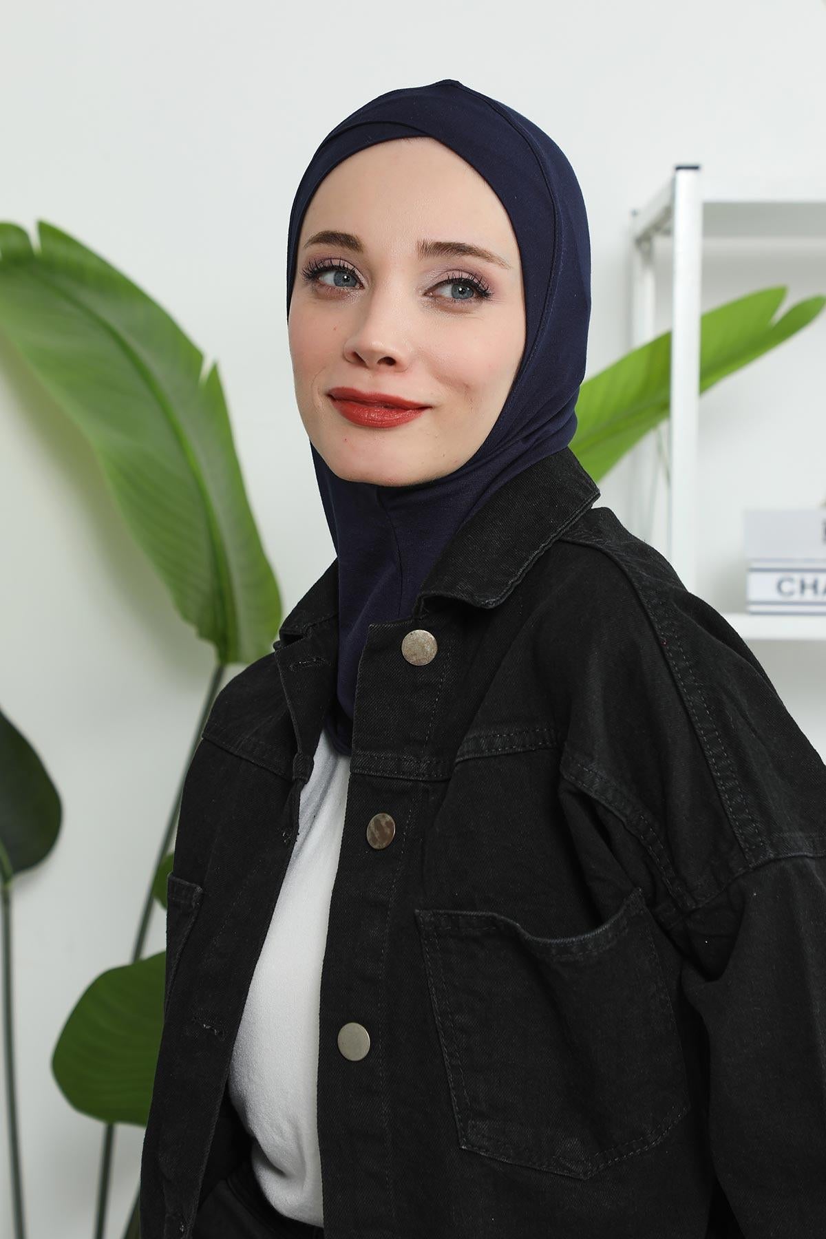 Minimalist Design Cotton Under Scarf Bonnet, Soft and Breathable Inner Hijab Cap, Easy Wear Cotton Bonnet Turban Ninja Cap,TB-4 Navy Blue
