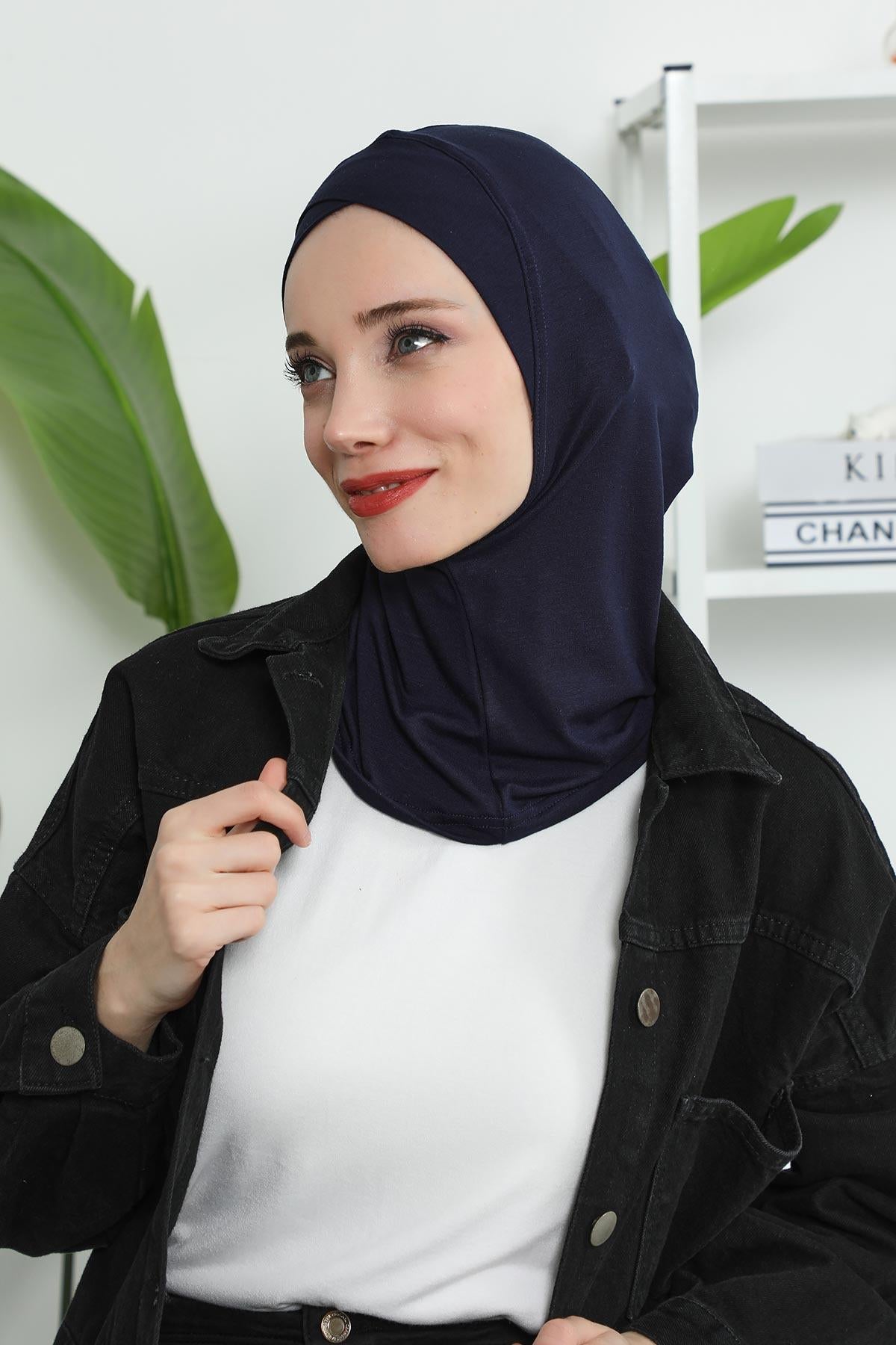 Minimalist Design Cotton Under Scarf Bonnet, Soft and Breathable Inner Hijab Cap, Easy Wear Cotton Bonnet Turban Ninja Cap,TB-4 Navy Blue