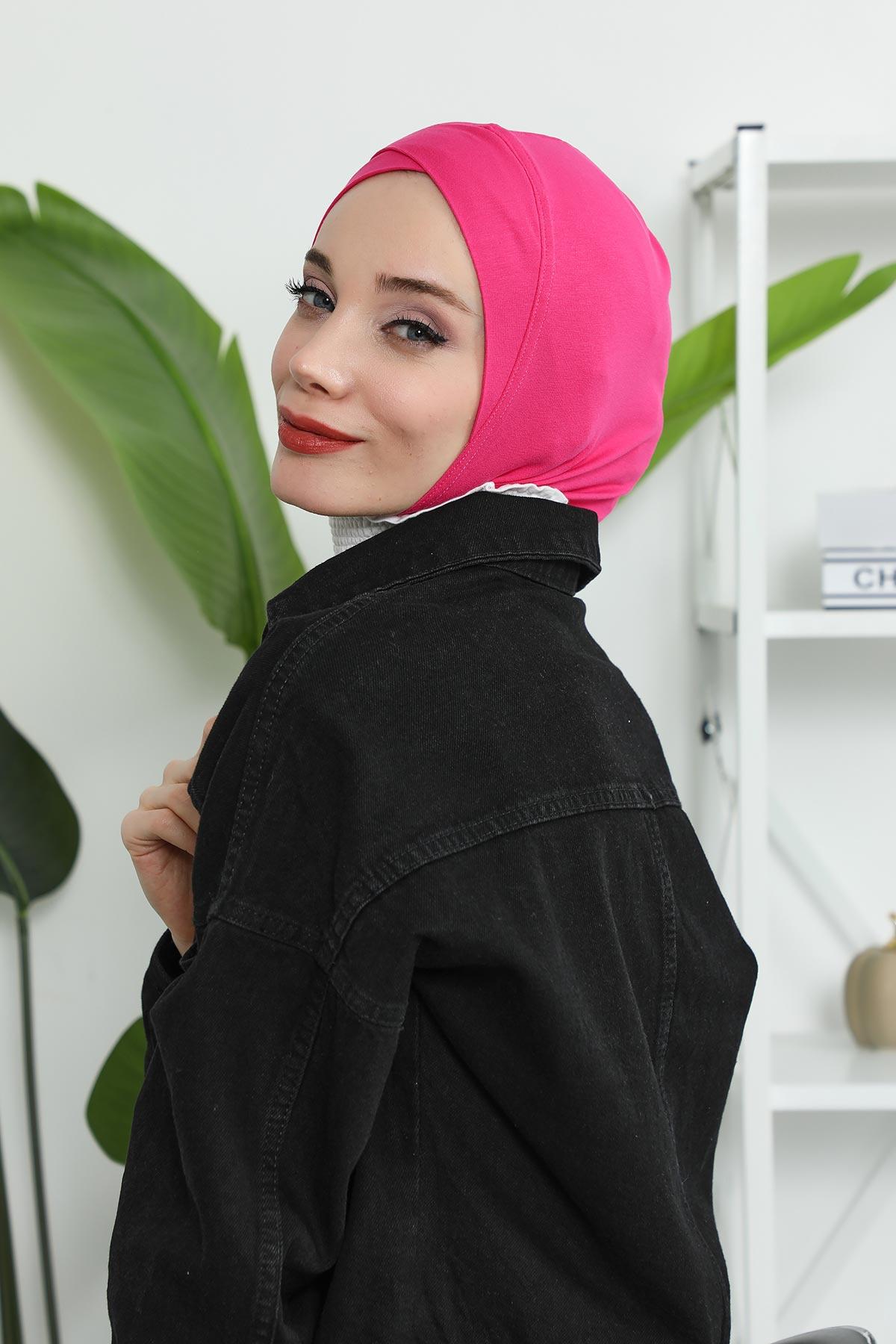 Minimalist Design Cotton Under Scarf Bonnet, Soft and Breathable Inner Hijab Cap, Easy Wear Cotton Bonnet Turban Ninja Cap,TB-4 Fuchsia