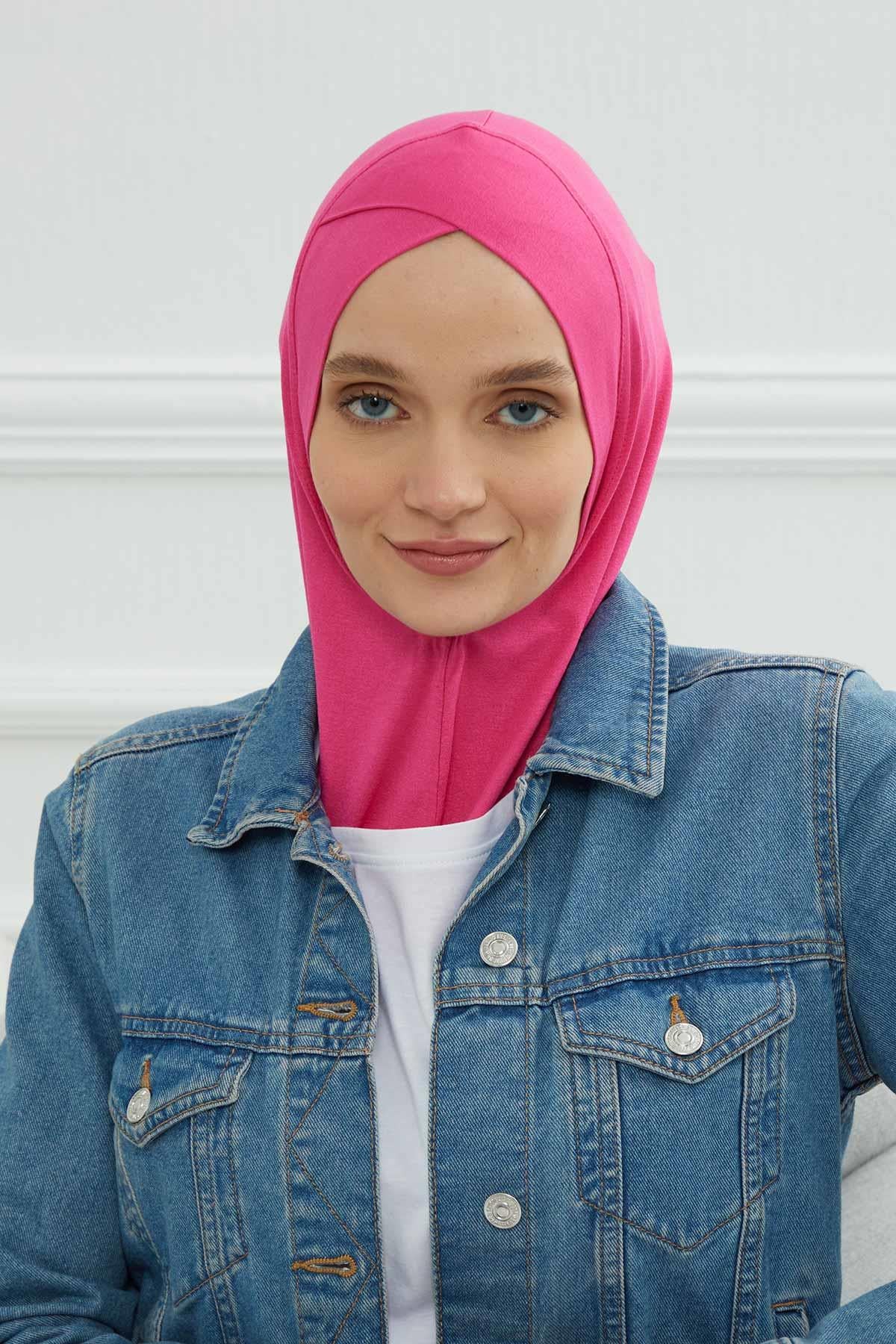 Minimalist Design Cotton Under Scarf Bonnet, Soft and Breathable Inner Hijab Cap, Easy Wear Cotton Bonnet Turban Ninja Cap,TB-4 Fuchsia