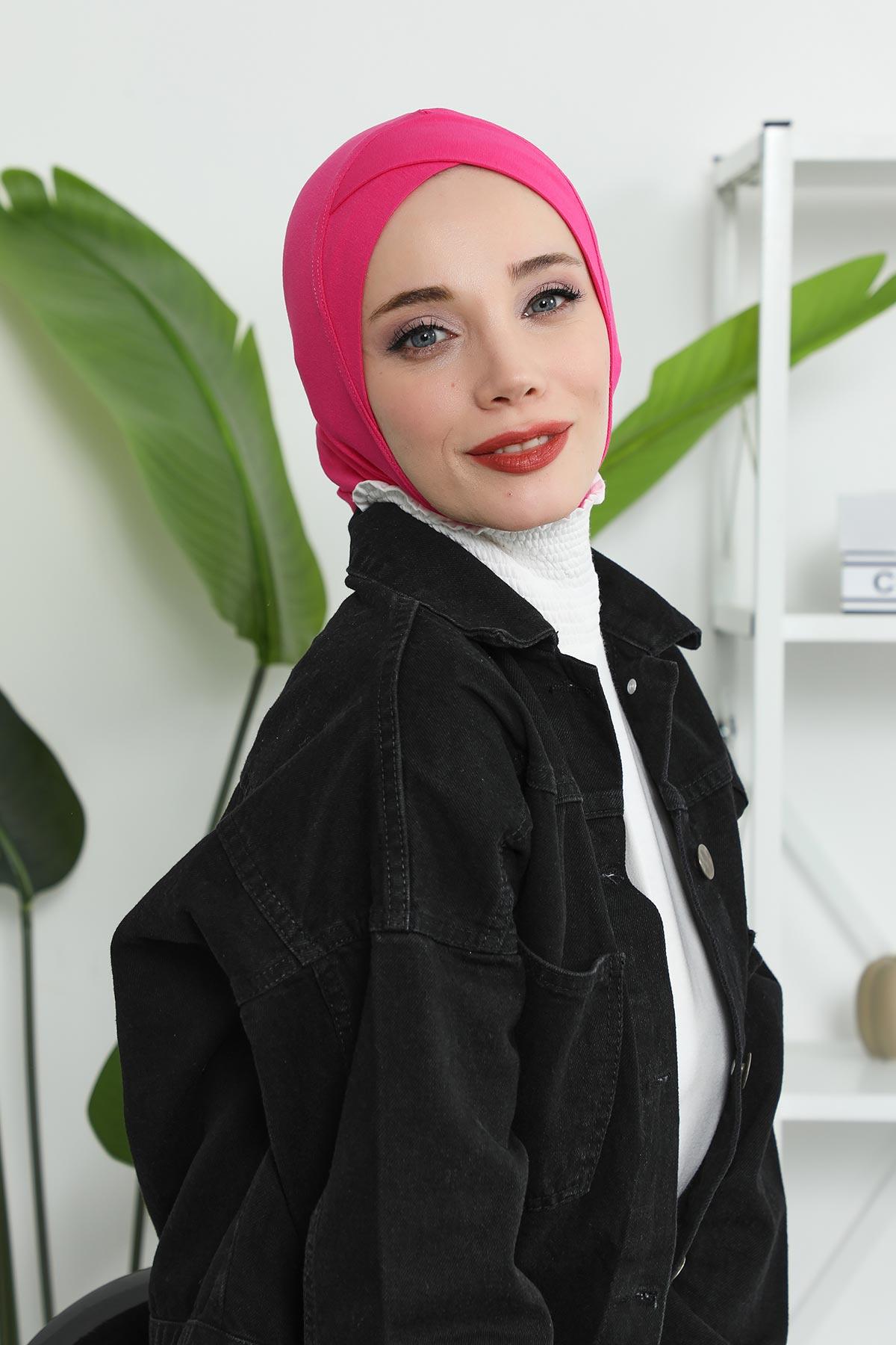 Minimalist Design Cotton Under Scarf Bonnet, Soft and Breathable Inner Hijab Cap, Easy Wear Cotton Bonnet Turban Ninja Cap,TB-4 Fuchsia