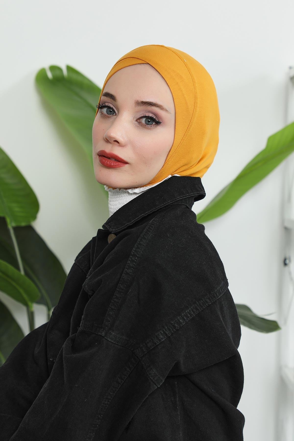 Minimalist Design Cotton Under Scarf Bonnet, Soft and Breathable Inner Hijab Cap, Easy Wear Cotton Bonnet Turban Ninja Cap,TB-4 Mustard Yellow