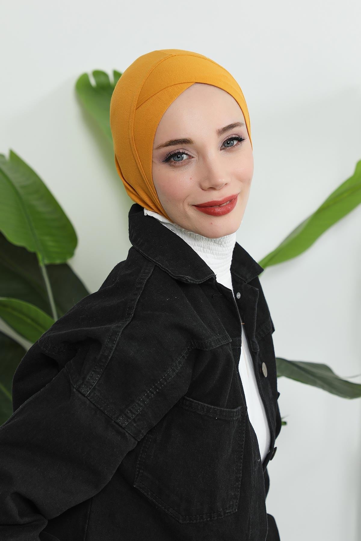 Minimalist Design Cotton Under Scarf Bonnet, Soft and Breathable Inner Hijab Cap, Easy Wear Cotton Bonnet Turban Ninja Cap,TB-4 Mustard Yellow