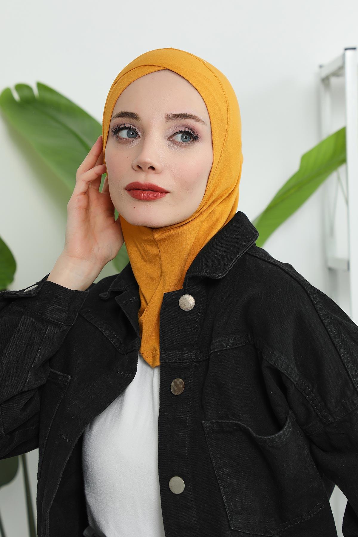 Minimalist Design Cotton Under Scarf Bonnet, Soft and Breathable Inner Hijab Cap, Easy Wear Cotton Bonnet Turban Ninja Cap,TB-4 Mustard Yellow