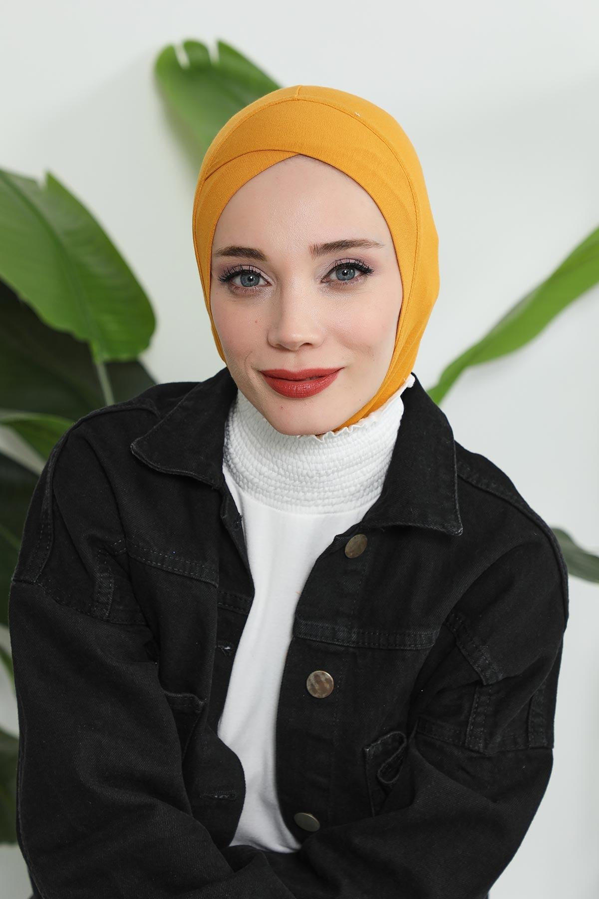 Minimalist Design Cotton Under Scarf Bonnet, Soft and Breathable Inner Hijab Cap, Easy Wear Cotton Bonnet Turban Ninja Cap,TB-4 Mustard Yellow